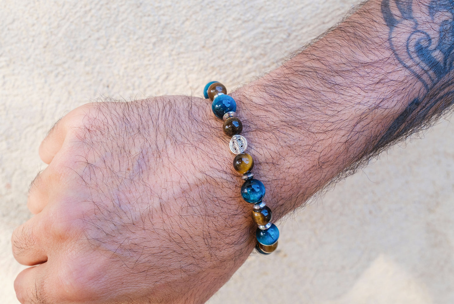 Bracelet oeil de tigre bleu 10 mm et oeil de tigre 8mm perle en argent - caurisandco