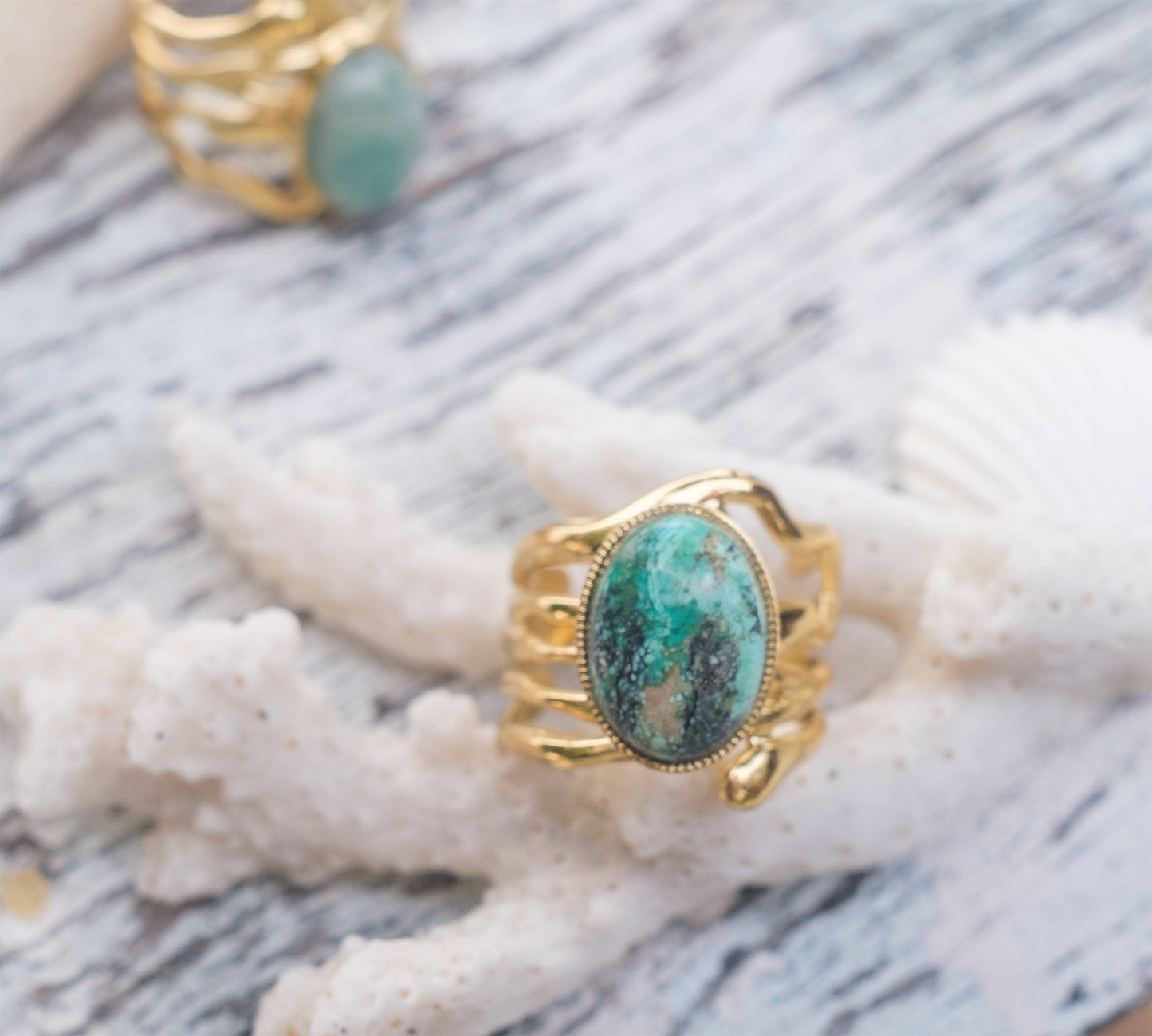 Bague XXL réglable en acier inox doré – Cabochon amazonite ou turquoise