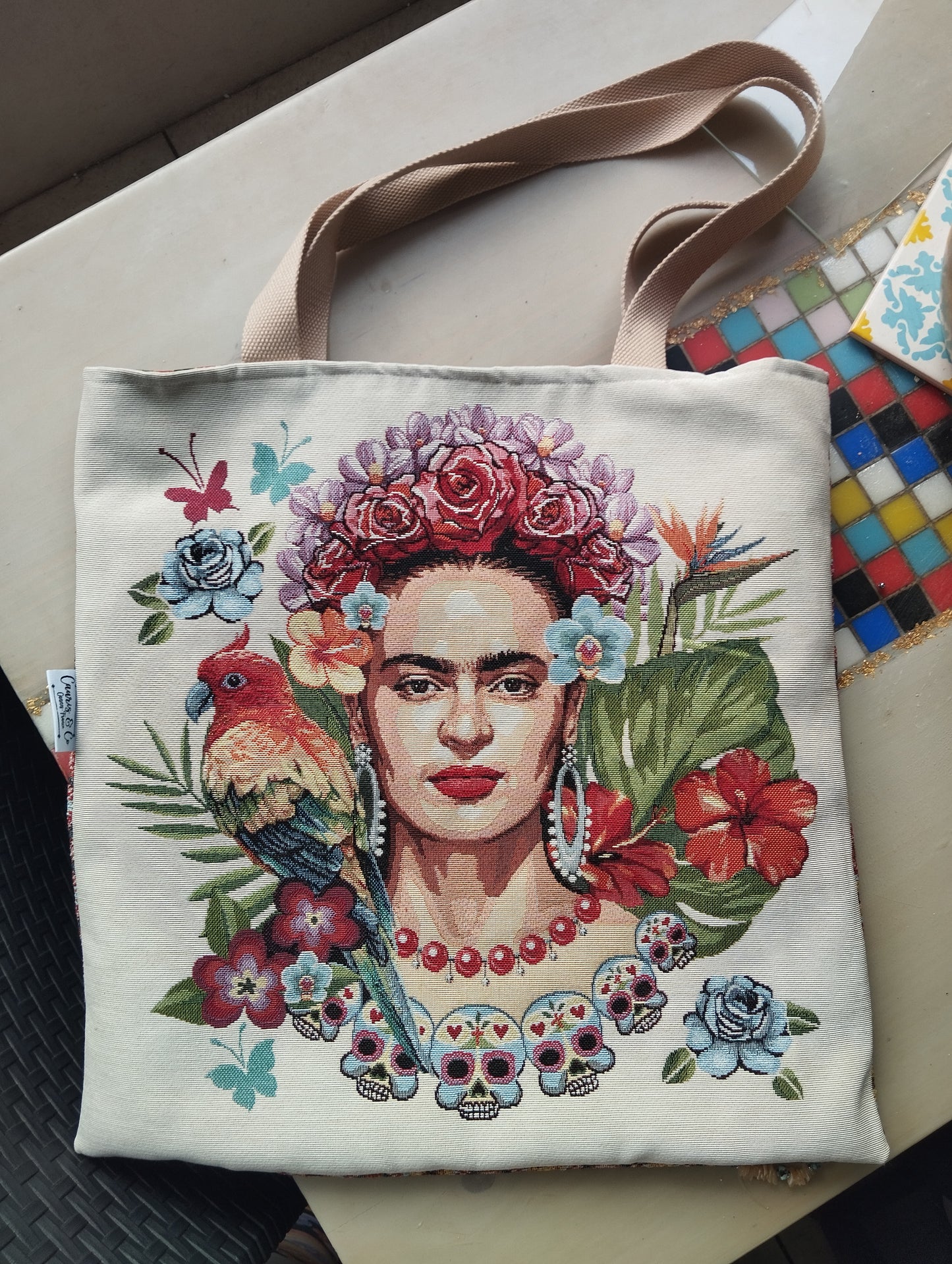 Sac tote bag femme Frida 45*45 cm doublure batik PIECE UNIQUE - caurisandco