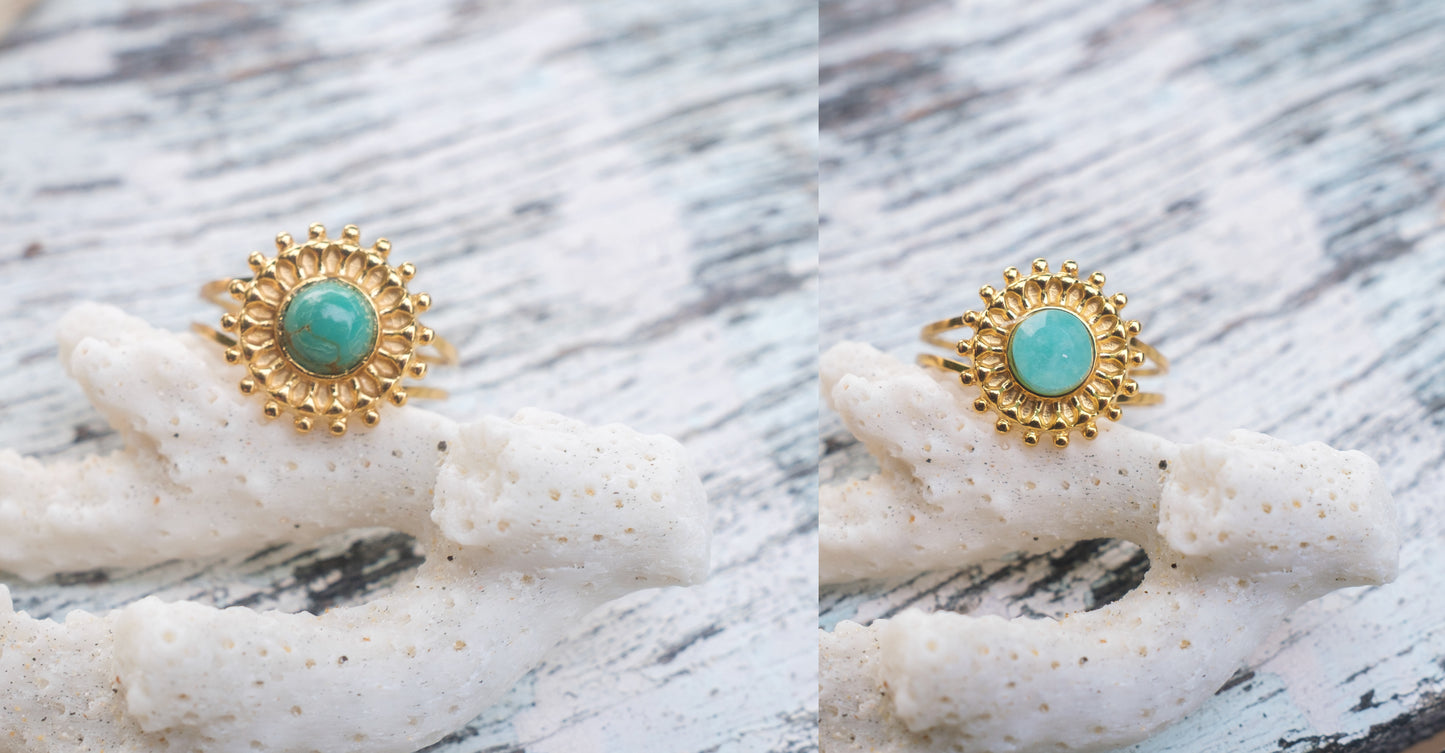 Bague réglable soleil en acier inox doré – Cabochon amazonite ou turquoise