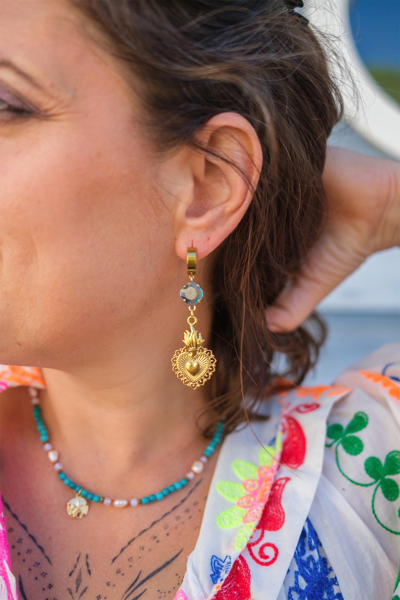 Boucles d’oreilles ex voto coeur et verre turquoise