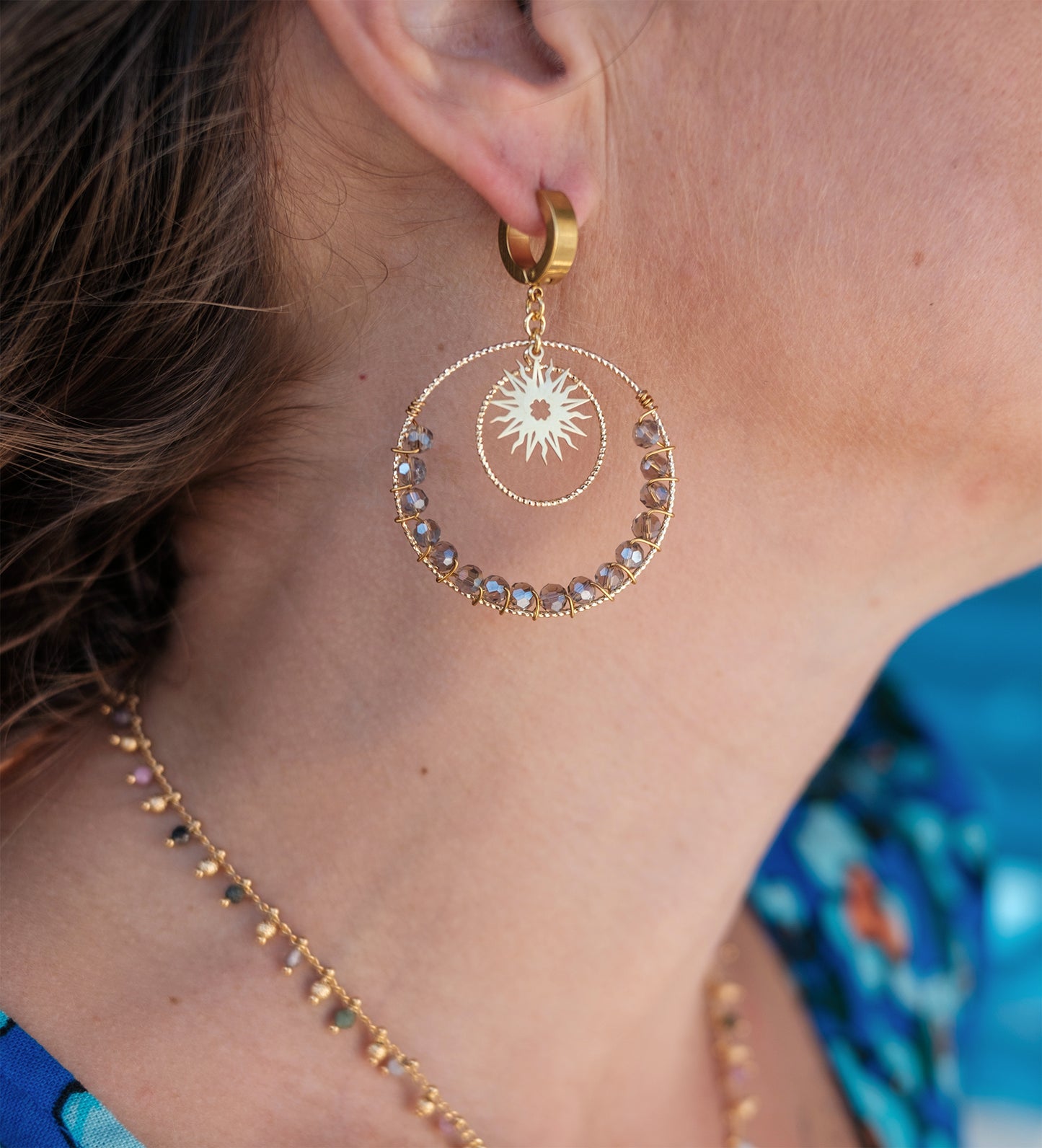 boucle d'oreille tissée soleil et rond