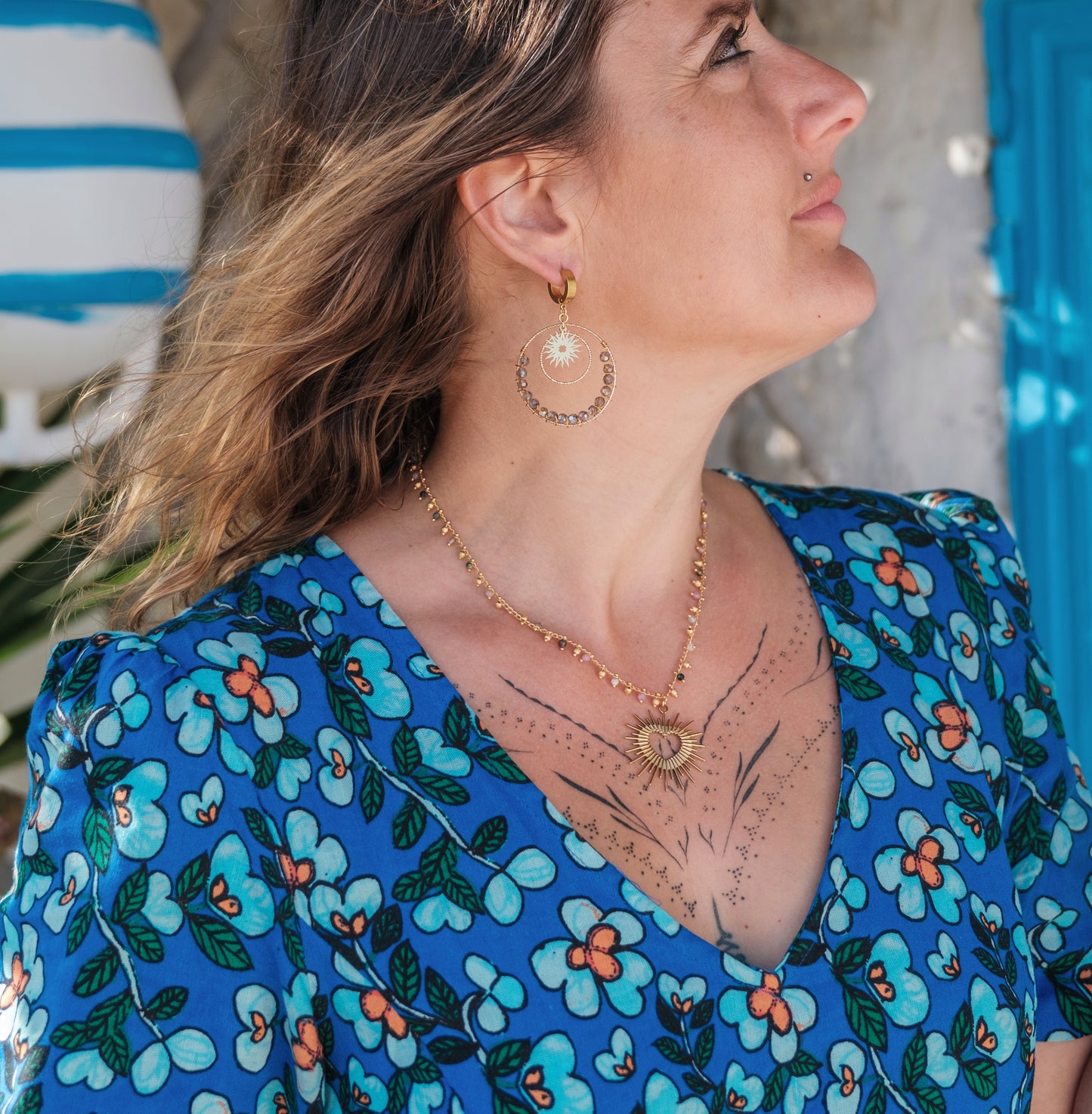 boucle d'oreille tissée soleil et rond