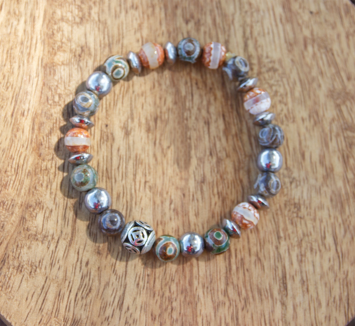 Bracelet Agate Antique Tibet & Hématite 8mm – Fait Main | Cauris & Co