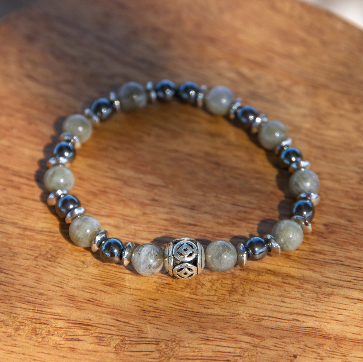 Bracelet Homme Labradorite & Hématite 8mm Fait Main Cauris & Co