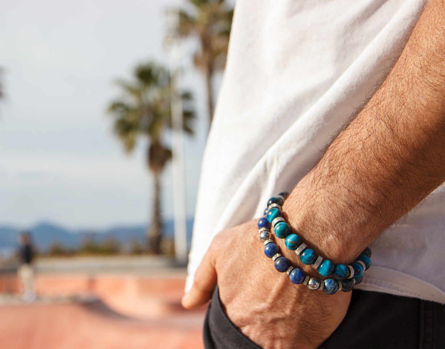 Bracelet homme perles oeil de tigre bleu 10mm