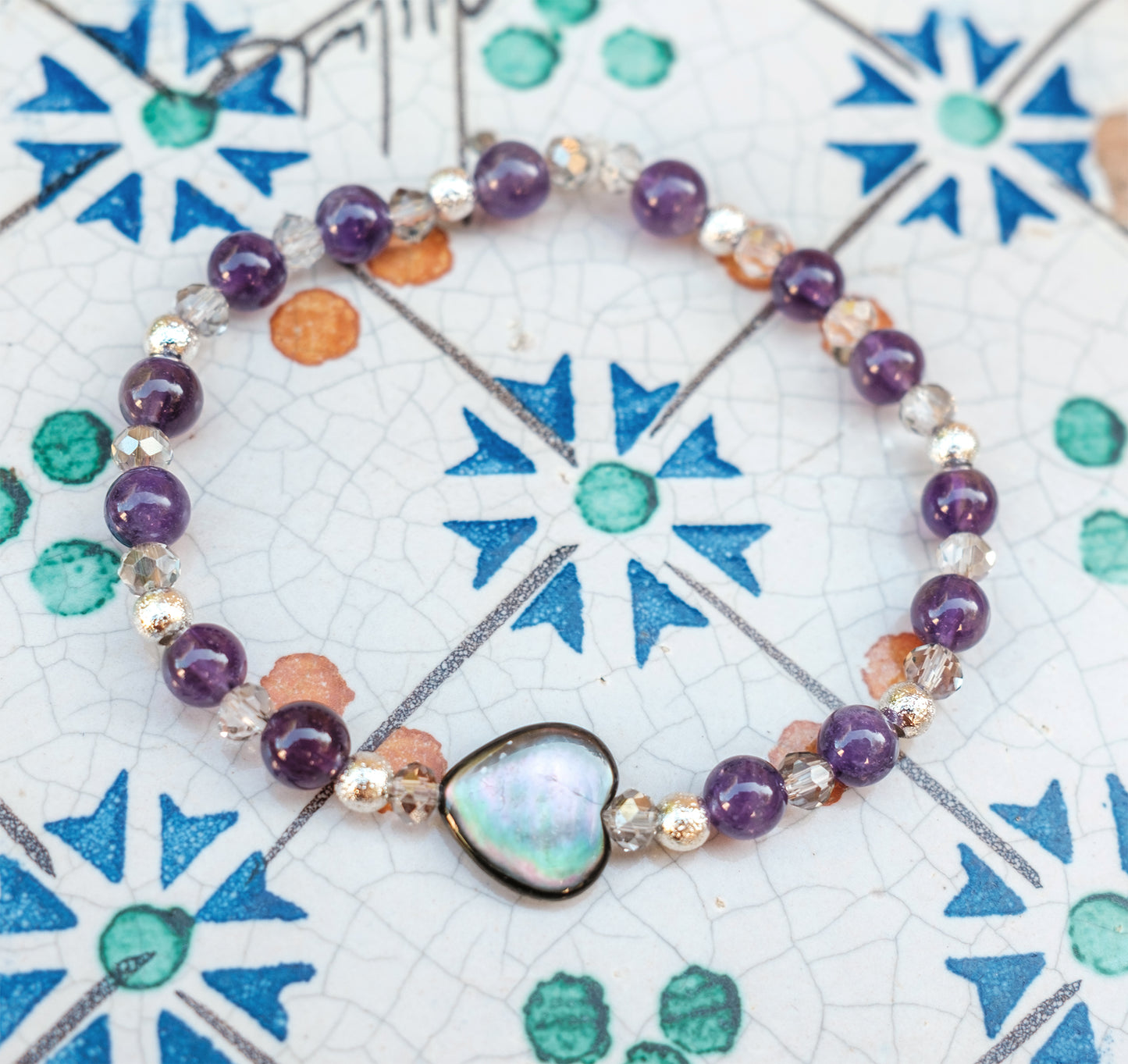bracelet femme coeur nacre et amethyste - caurisandco