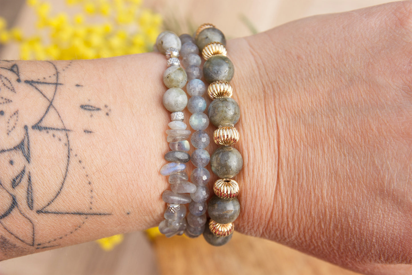 Bracelet femme perles labradorite facettée 6 mm (réservé Ségolène)
