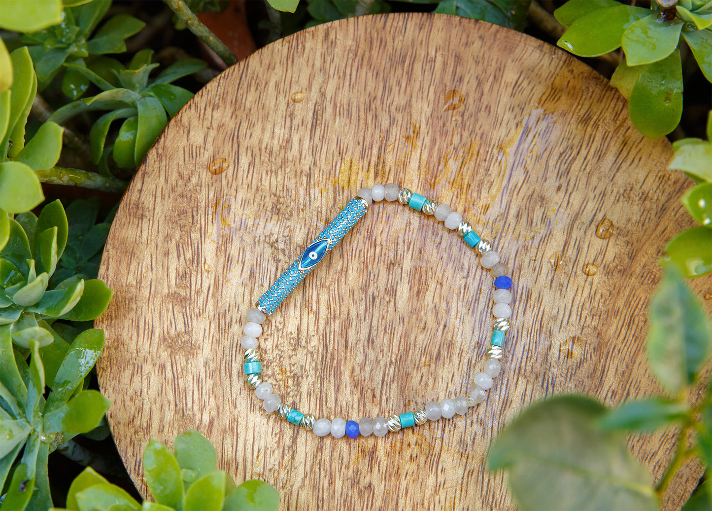 Bracelet femme perle tube mauvais œil et quartz rose