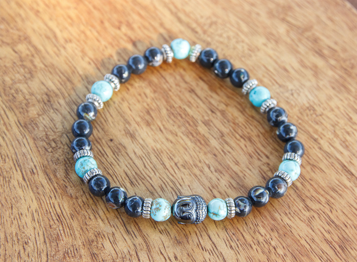Bracelet unisexe Bouddha en hématite, noir et turquoise