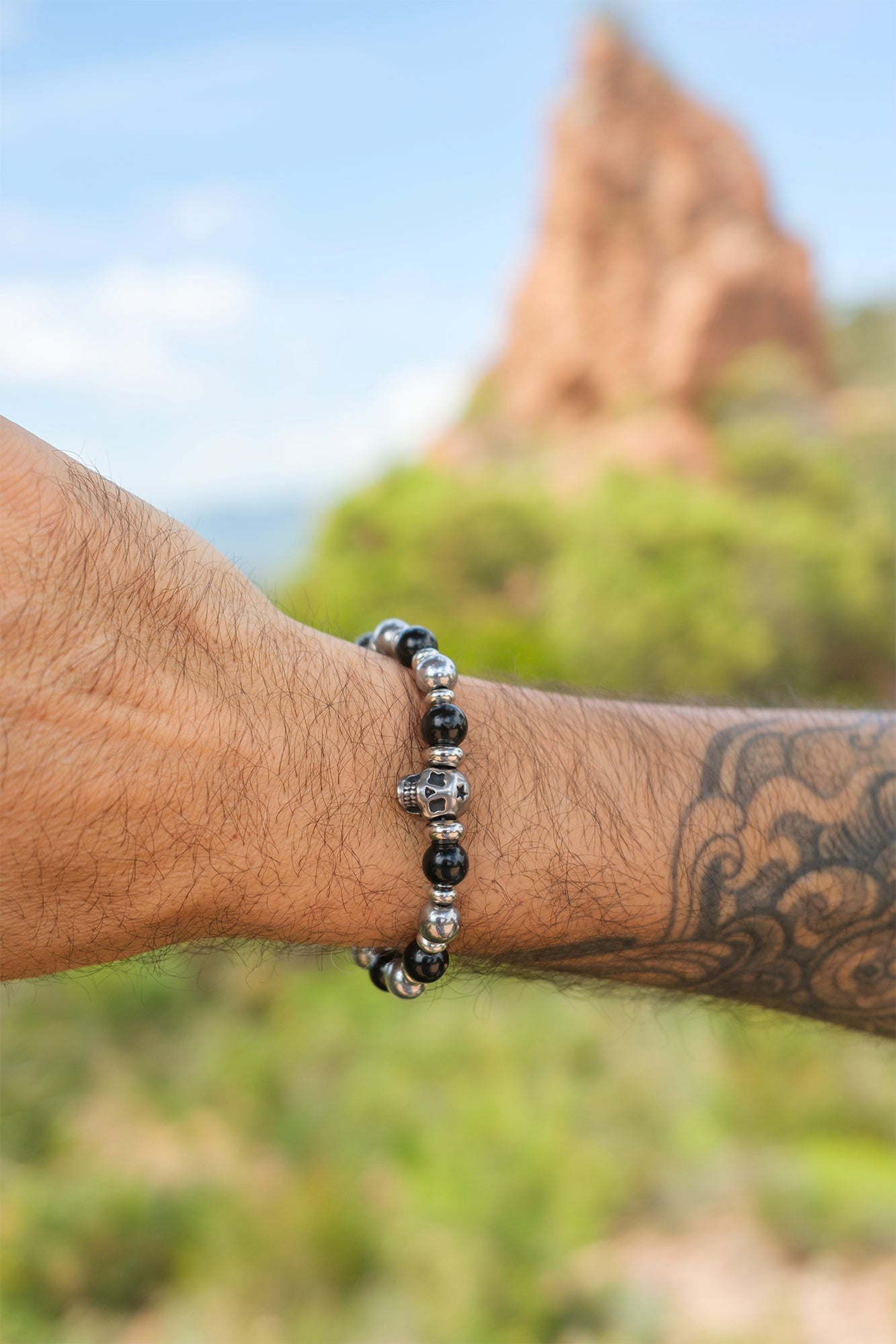 Bracelet perles homme skull obsidiene et hematite plaqué argenté