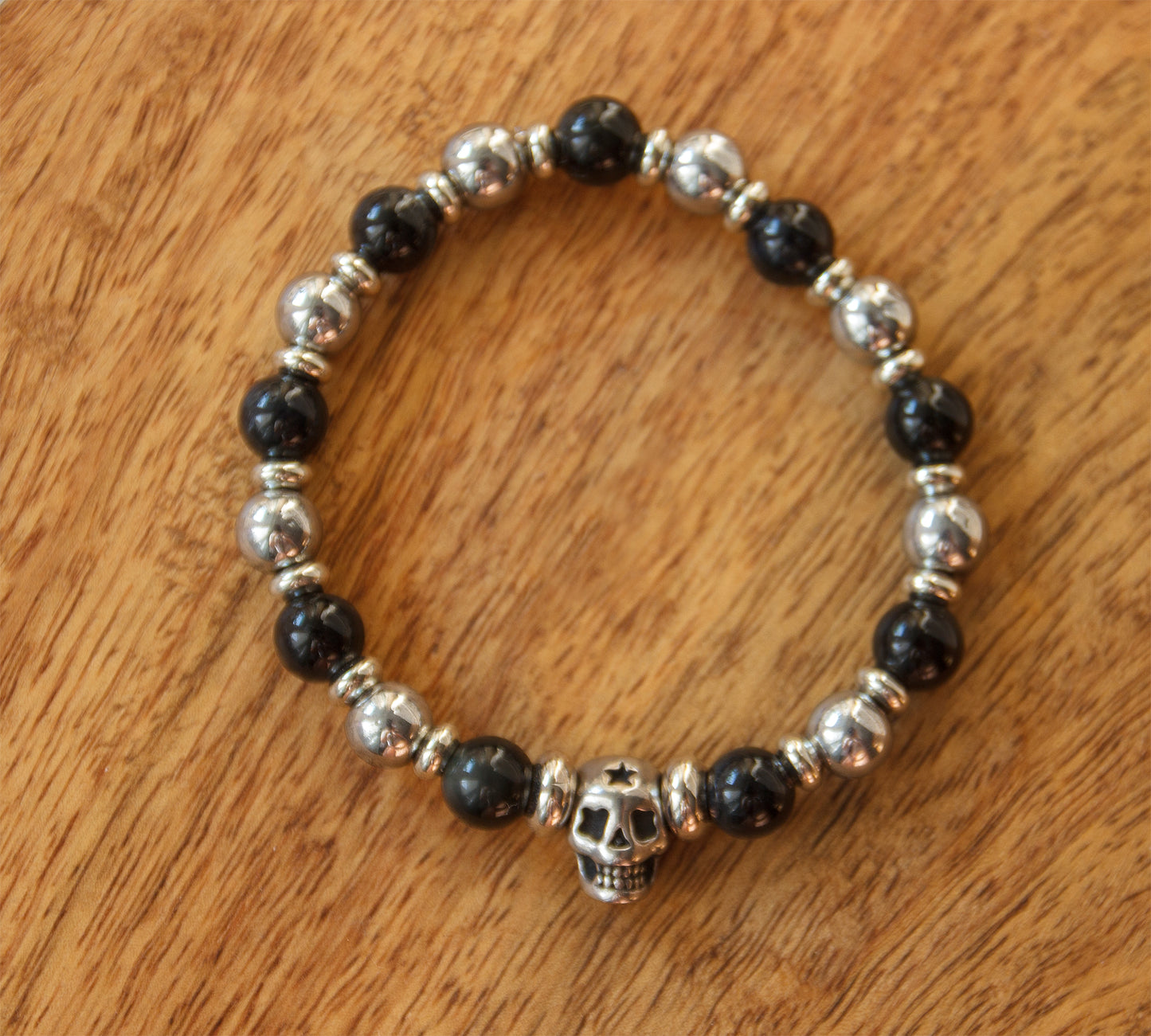 Bracelet perles homme skull obsidiene et hematite plaqué argenté