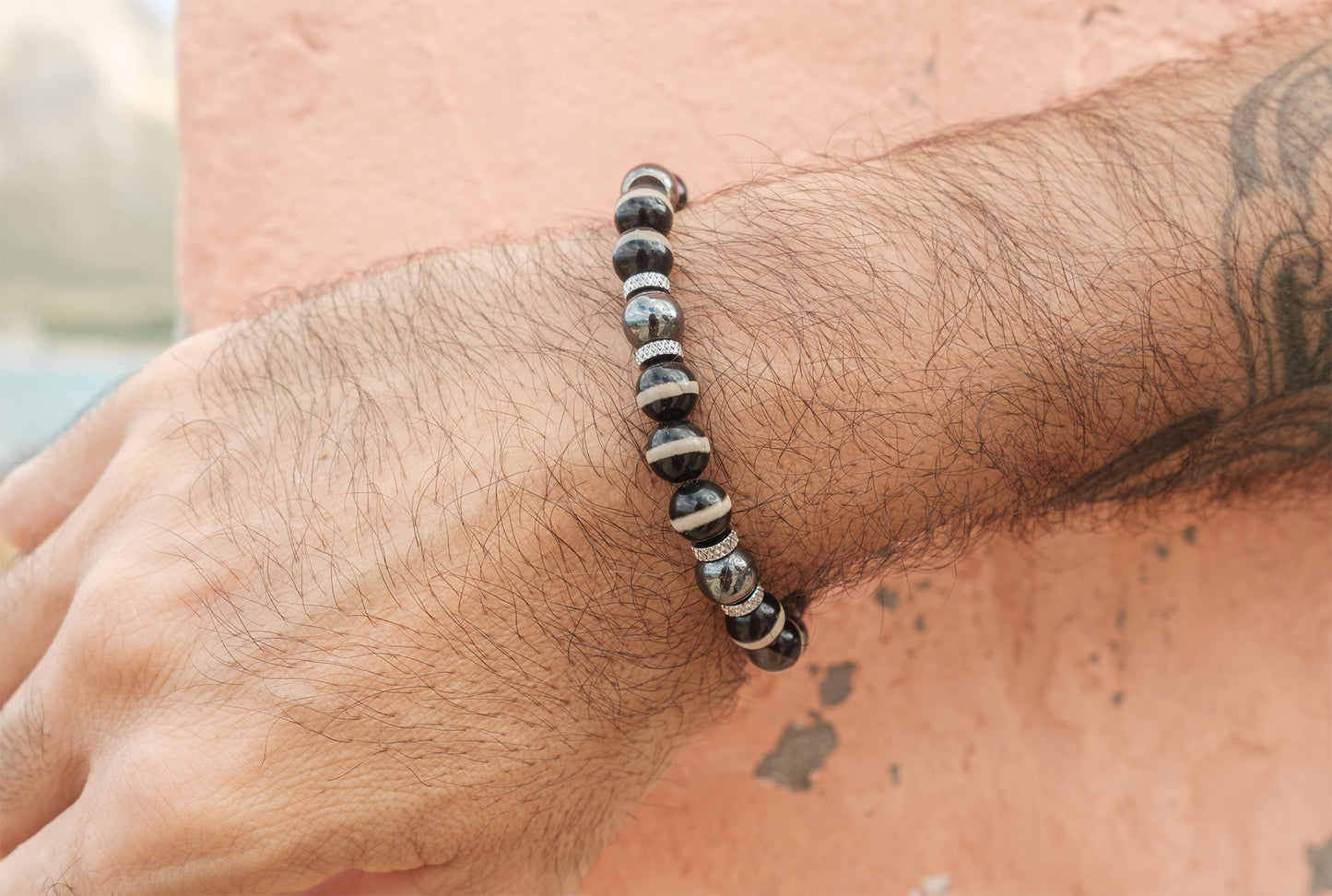 bracelet perles homme agate et hematite 8mm - caurisandco