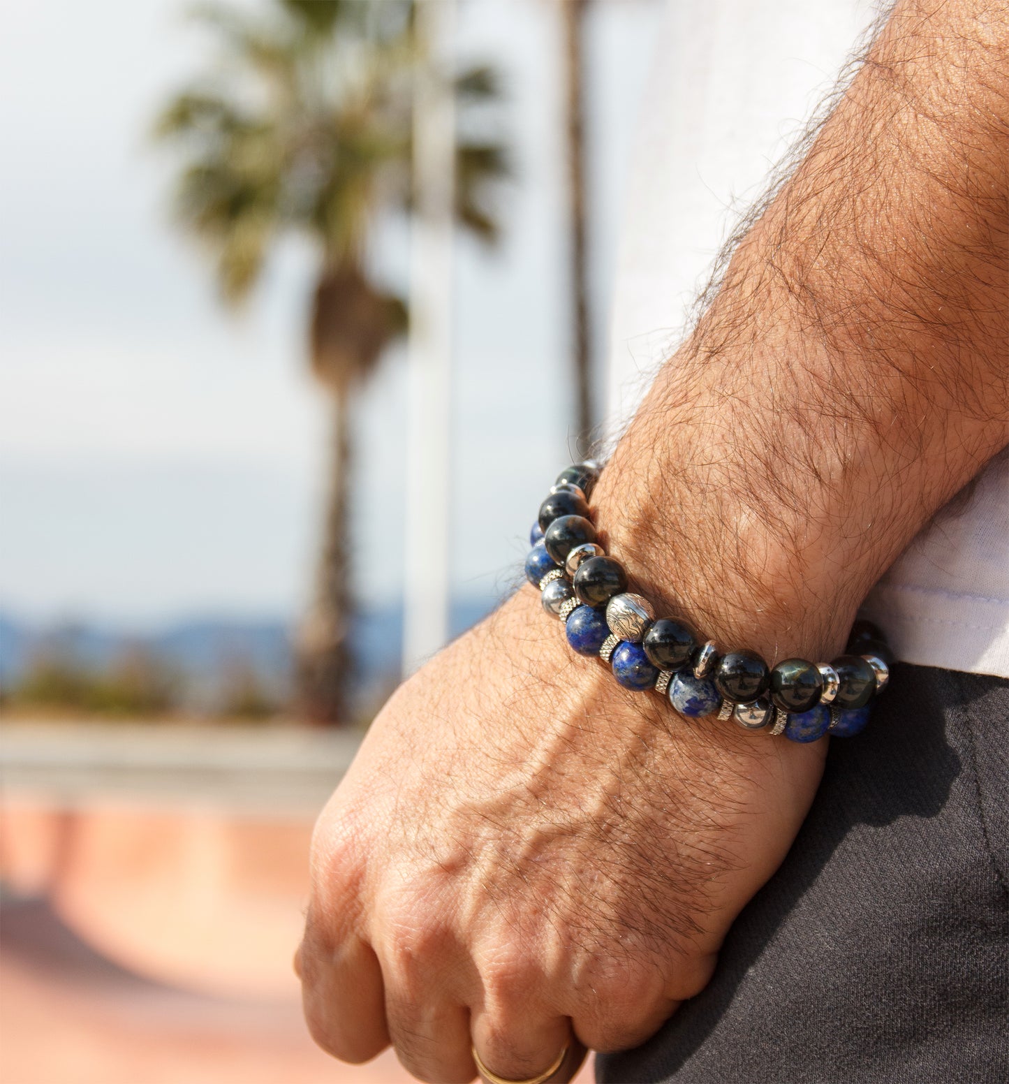 bracelet perles lapis lazuli hématite et acier inoxydable 10mm