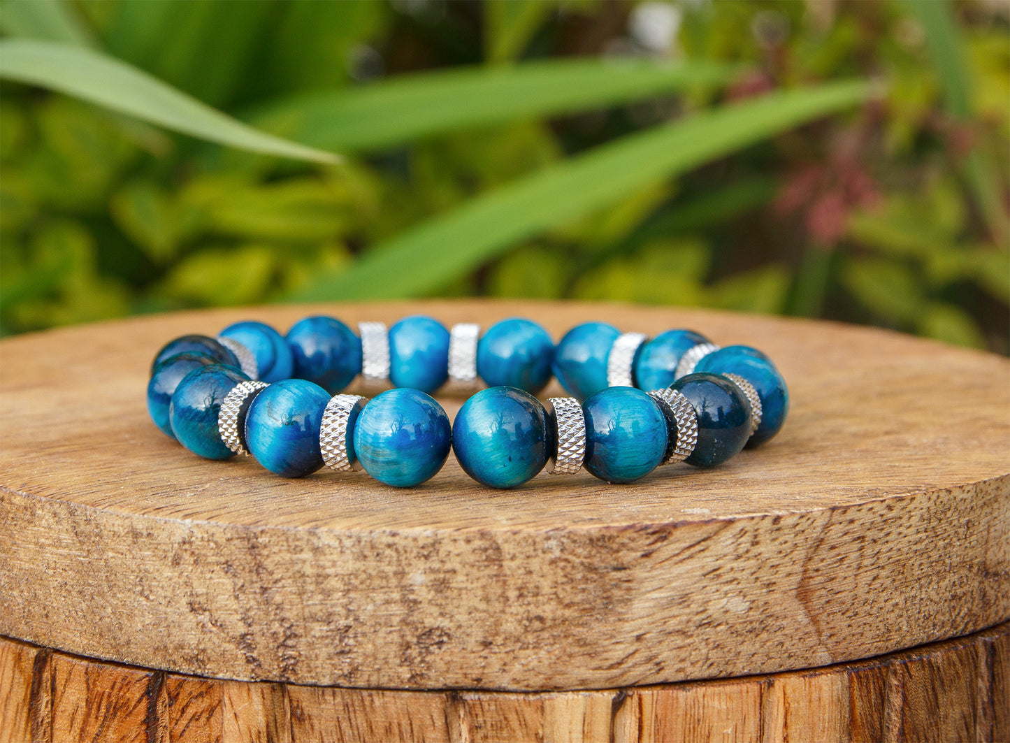 Bracelet homme perles oeil de tigre bleu 10mm