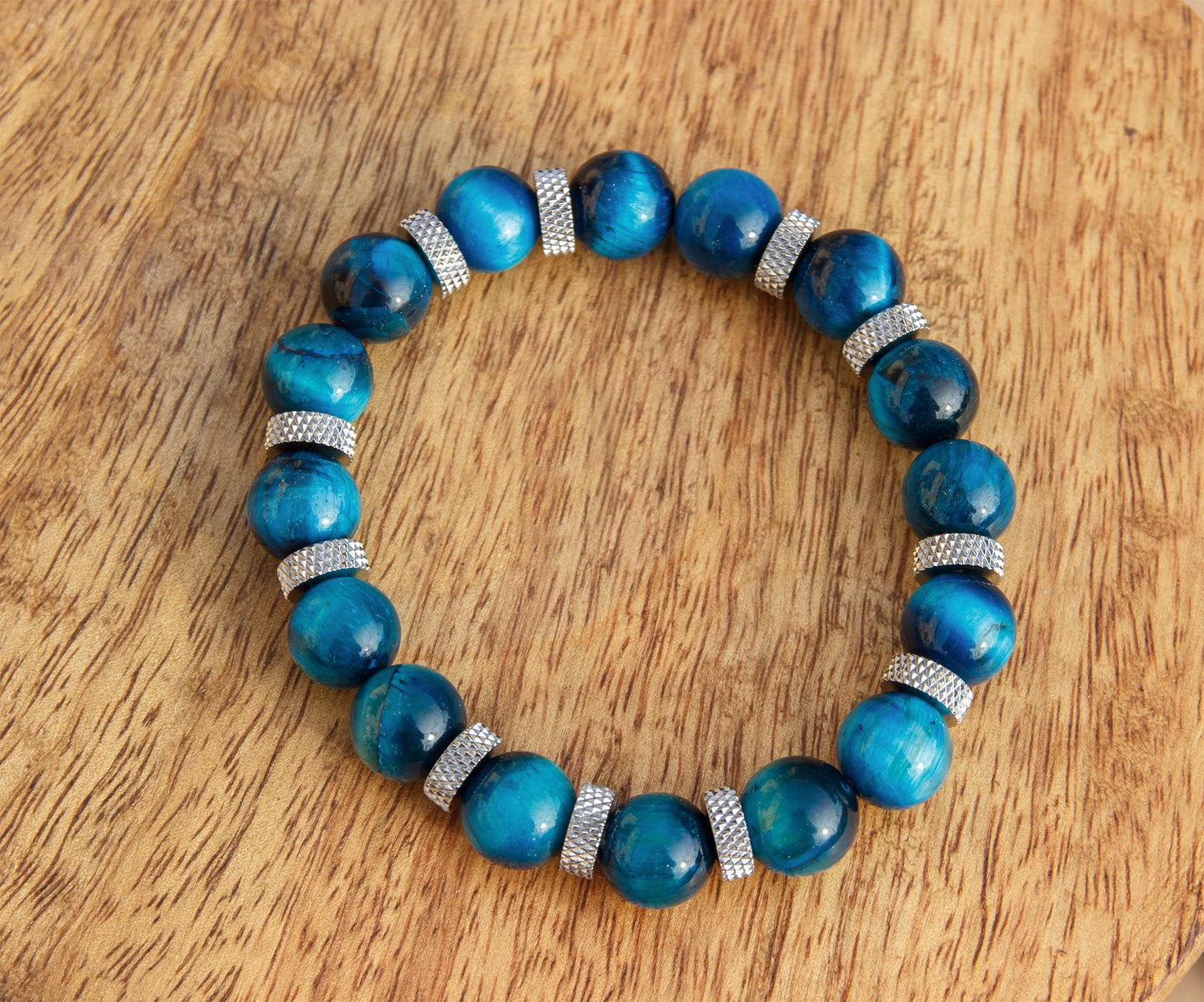 Bracelet homme perles oeil de tigre bleu 10mm