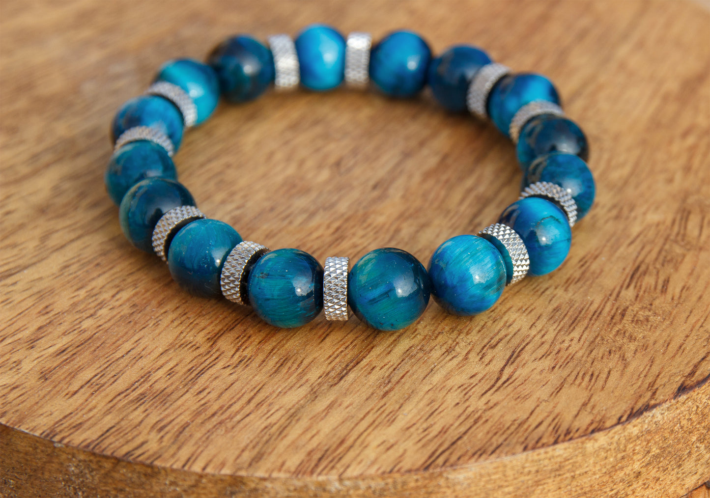 Bracelet homme perles oeil de tigre bleu 10mm