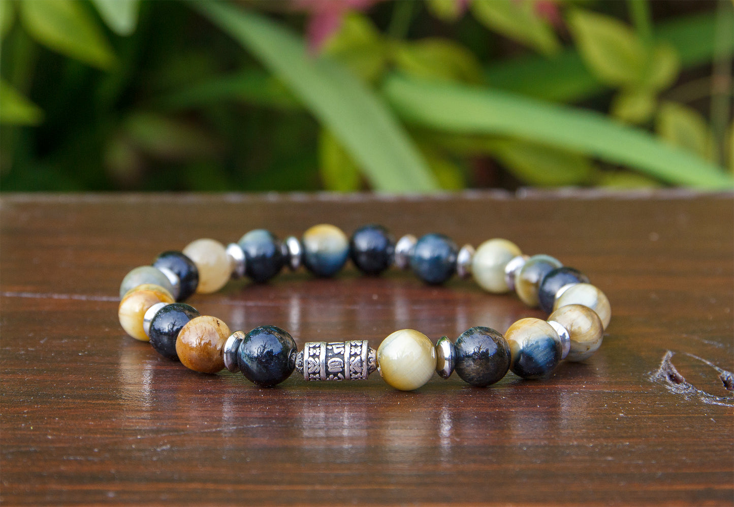 bracelet perles homme oeil de tigre jaune et obsidienne perle en argent 8mm