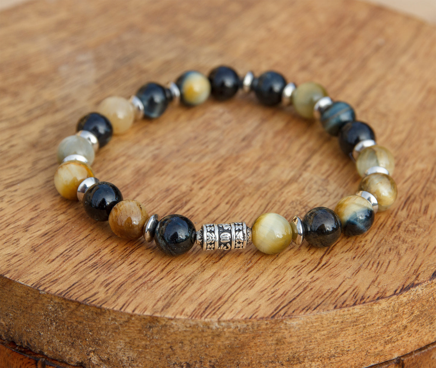 bracelet perles homme oeil de tigre jaune et obsidienne perle en argent 8mm