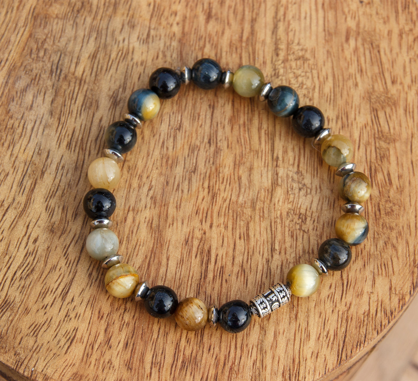 bracelet perles homme oeil de tigre jaune et obsidienne perle en argent 8mm