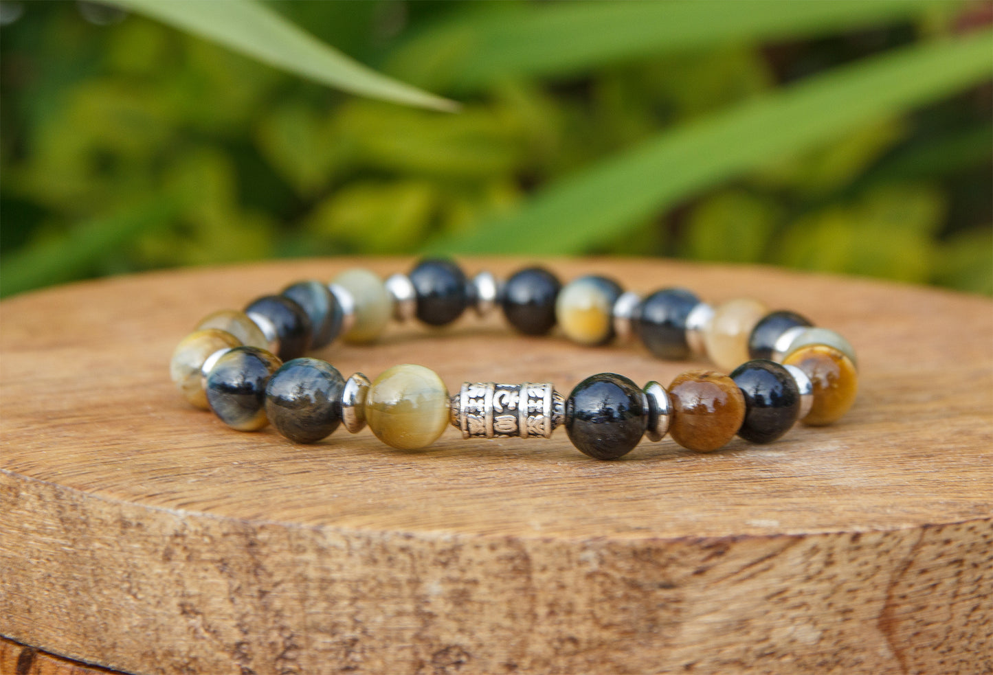 bracelet perles homme oeil de tigre jaune et obsidienne perle en argent 8mm