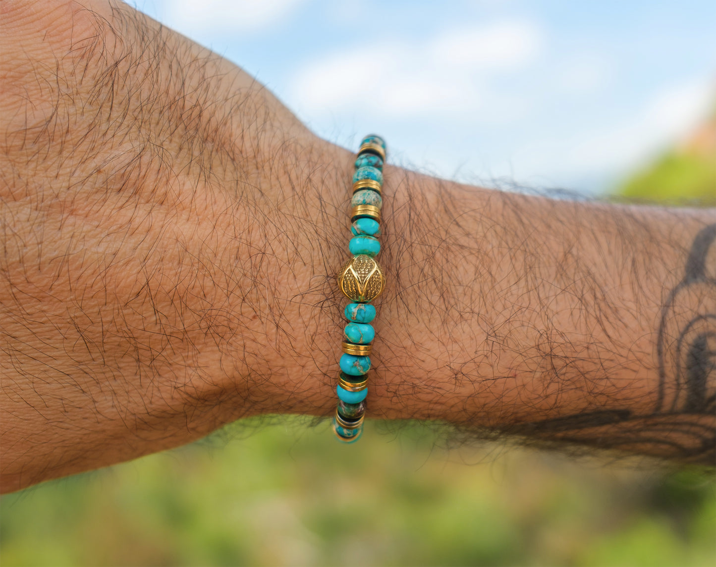 Bracelet homme en Pierres Naturelles – Jaspe Océan & Perle Antique