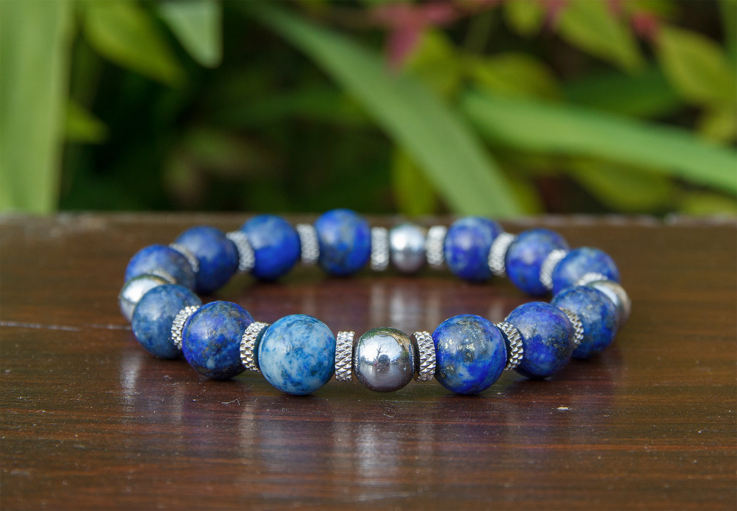 bracelet perles lapis lazuli hématite et acier inoxydable 10mm