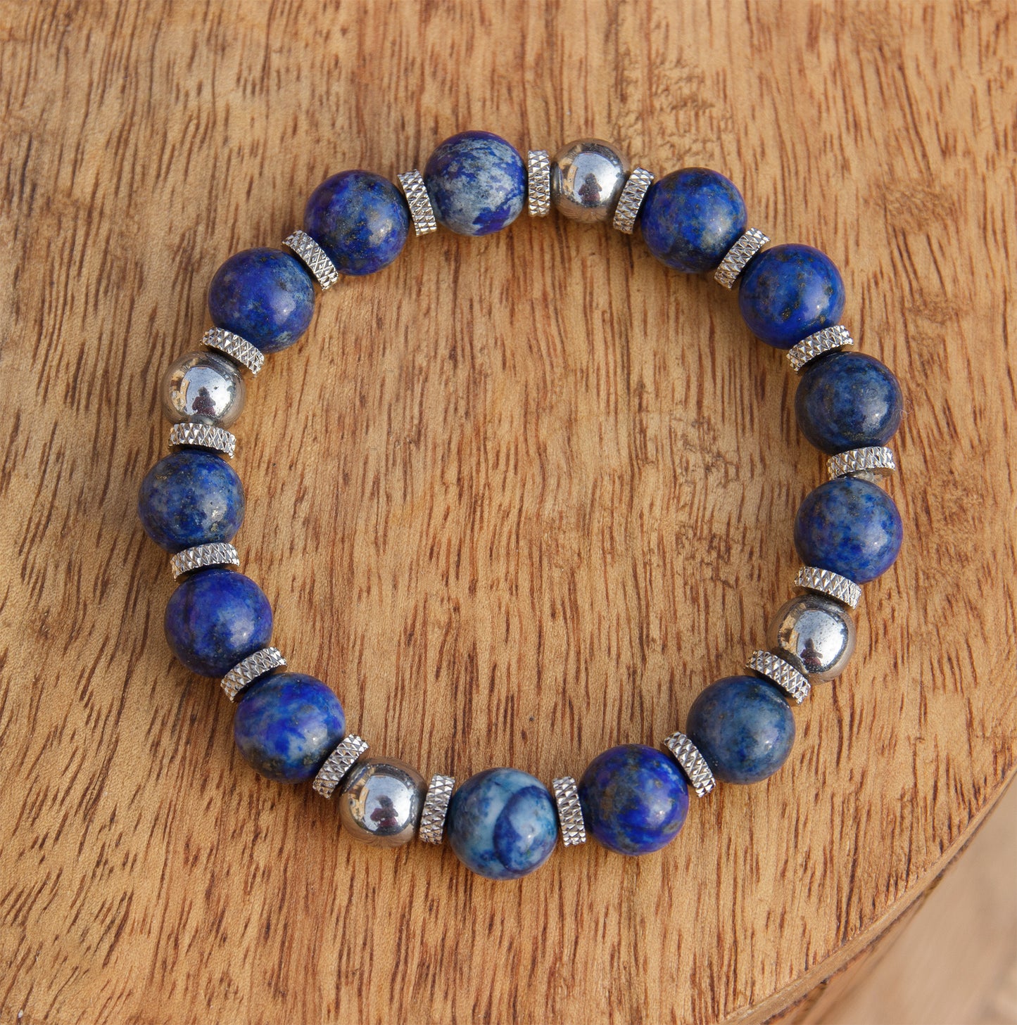 bracelet perles lapis lazuli hématite et acier inoxydable 10mm