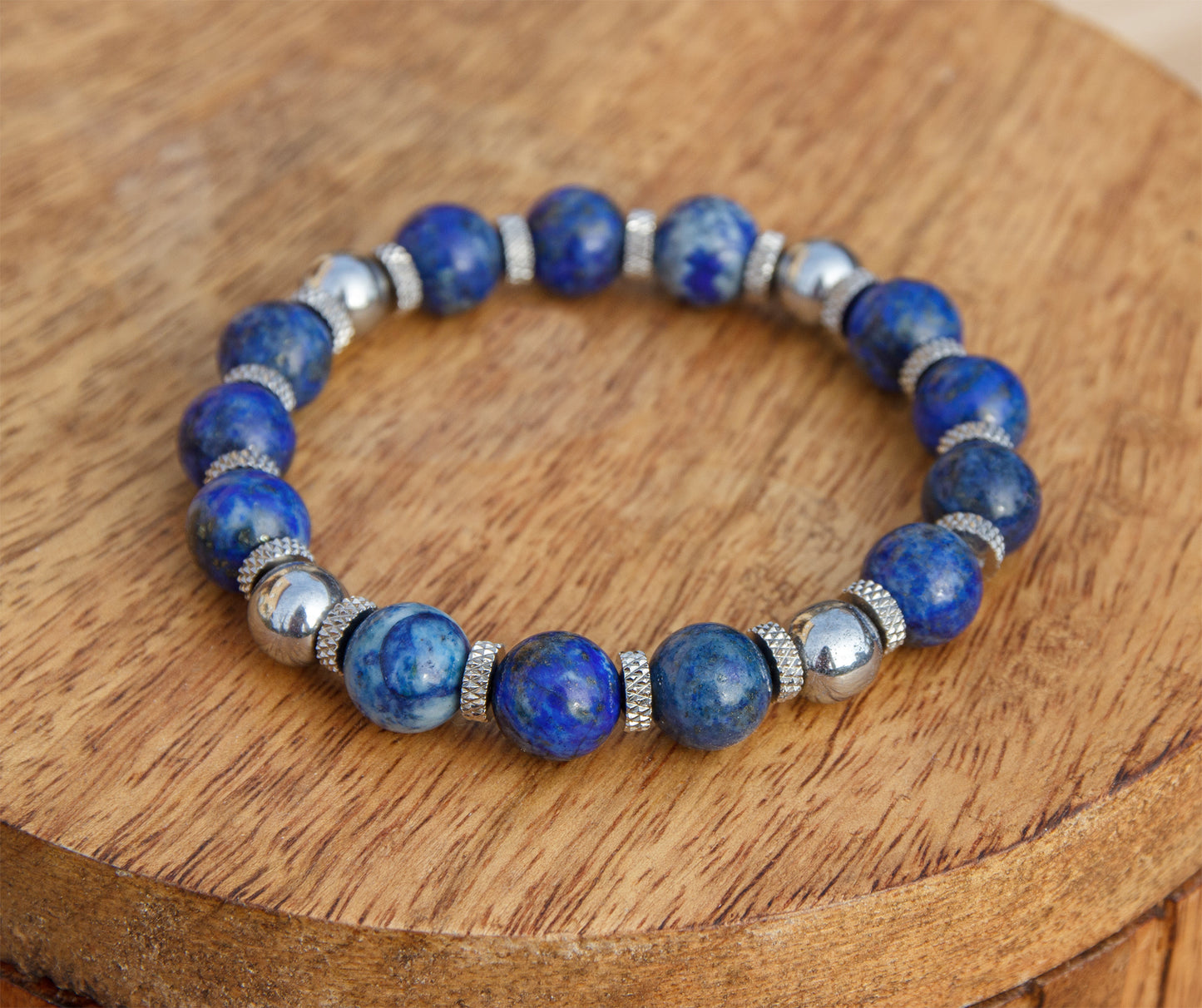bracelet perles lapis lazuli hématite et acier inoxydable 10mm