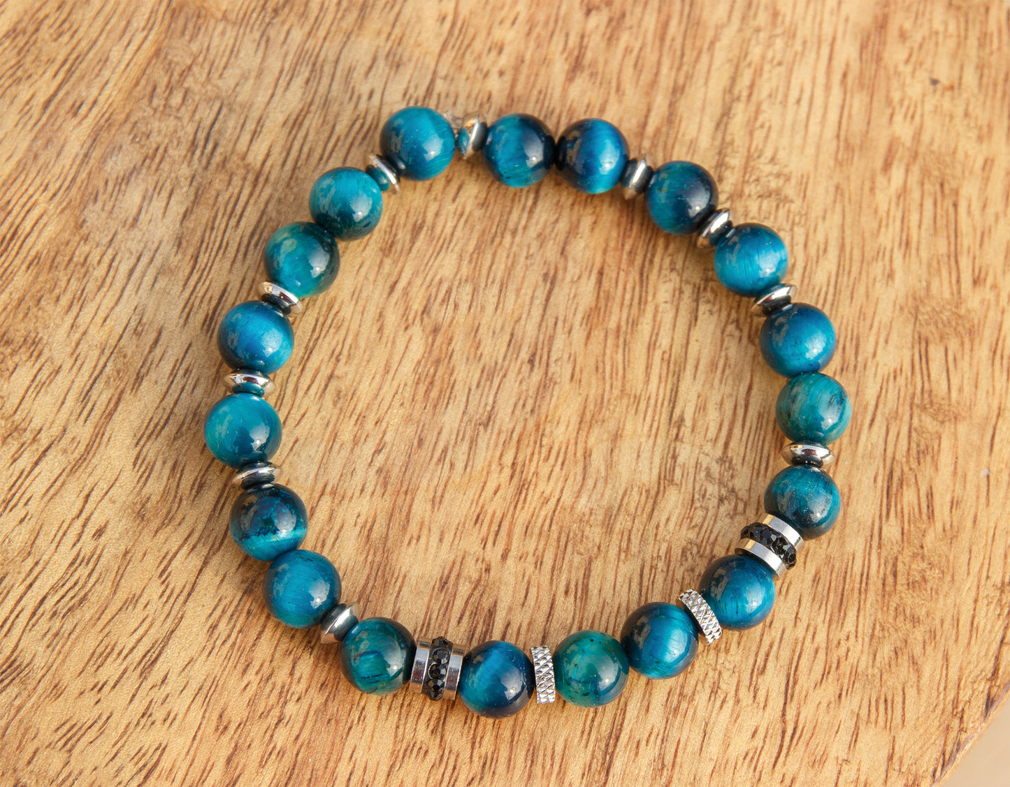 Bracelet homme perles oeil de tigre bleu 8mm et intercalaire strass noir
