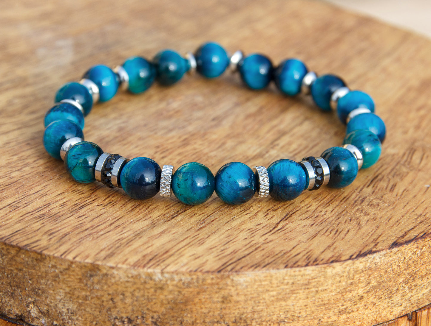 Bracelet homme perles oeil de tigre bleu 8mm et intercalaire strass noir