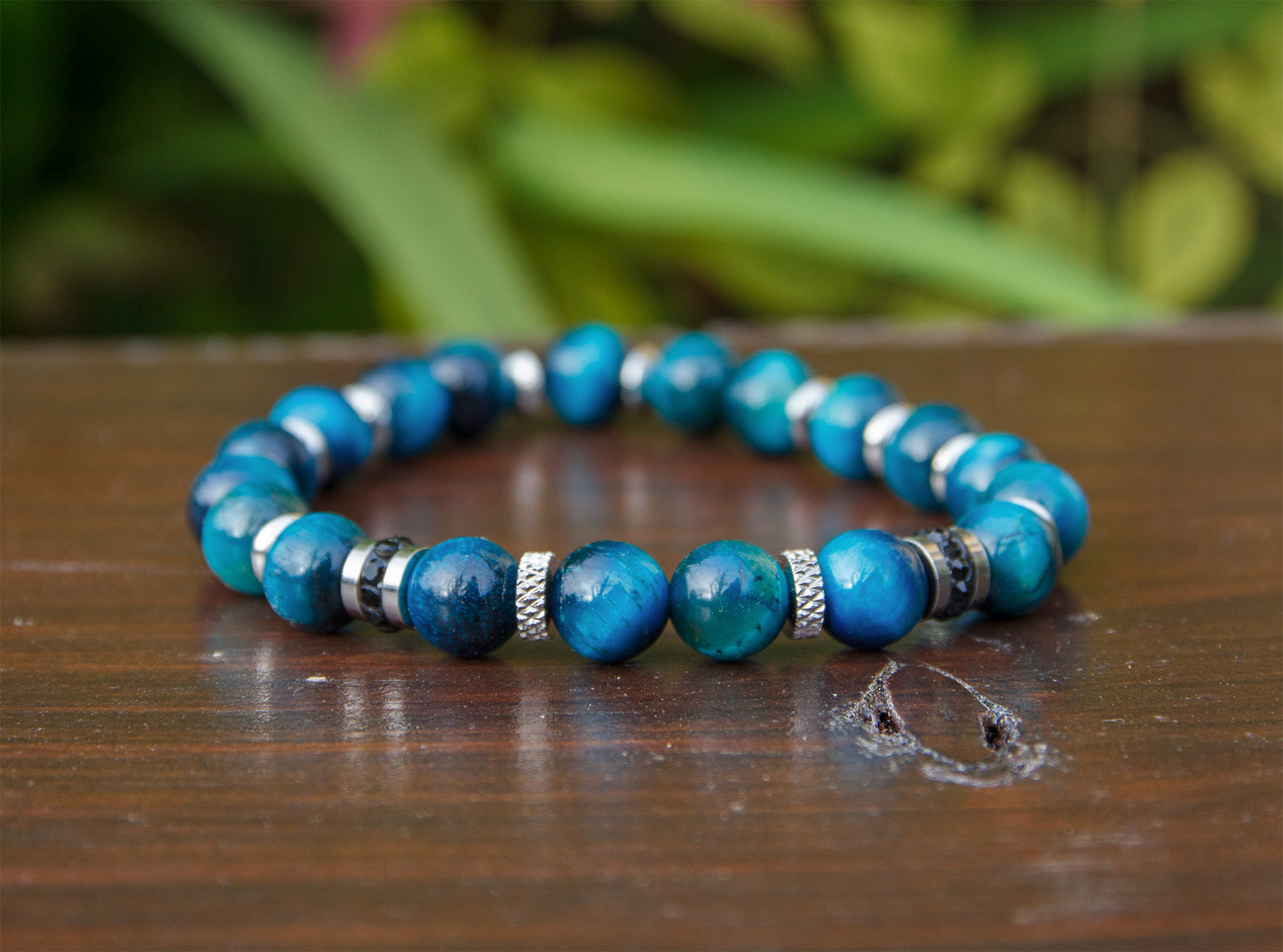 Bracelet homme perles oeil de tigre bleu 8mm et intercalaire strass noir