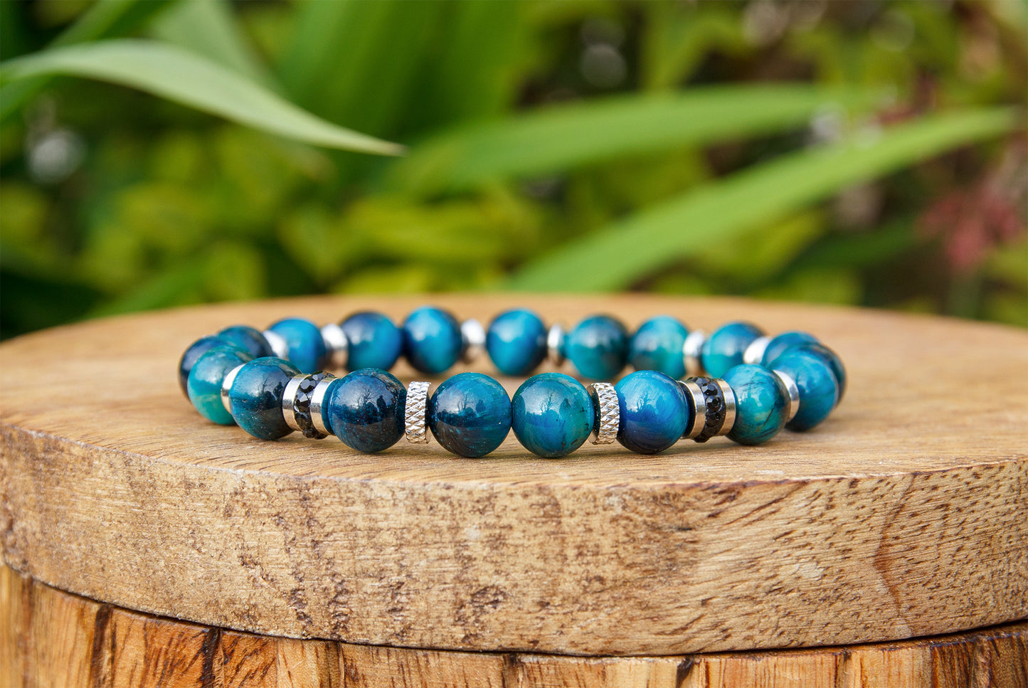 Bracelet homme perles oeil de tigre bleu 8mm et intercalaire strass noir