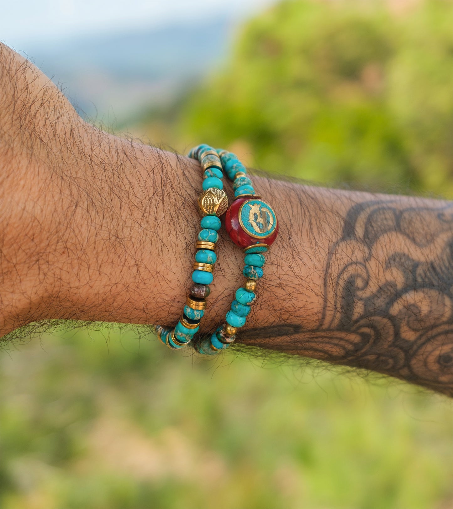 Bracelet homme en Pierres Naturelles – Jaspe Océan & Perle Antique