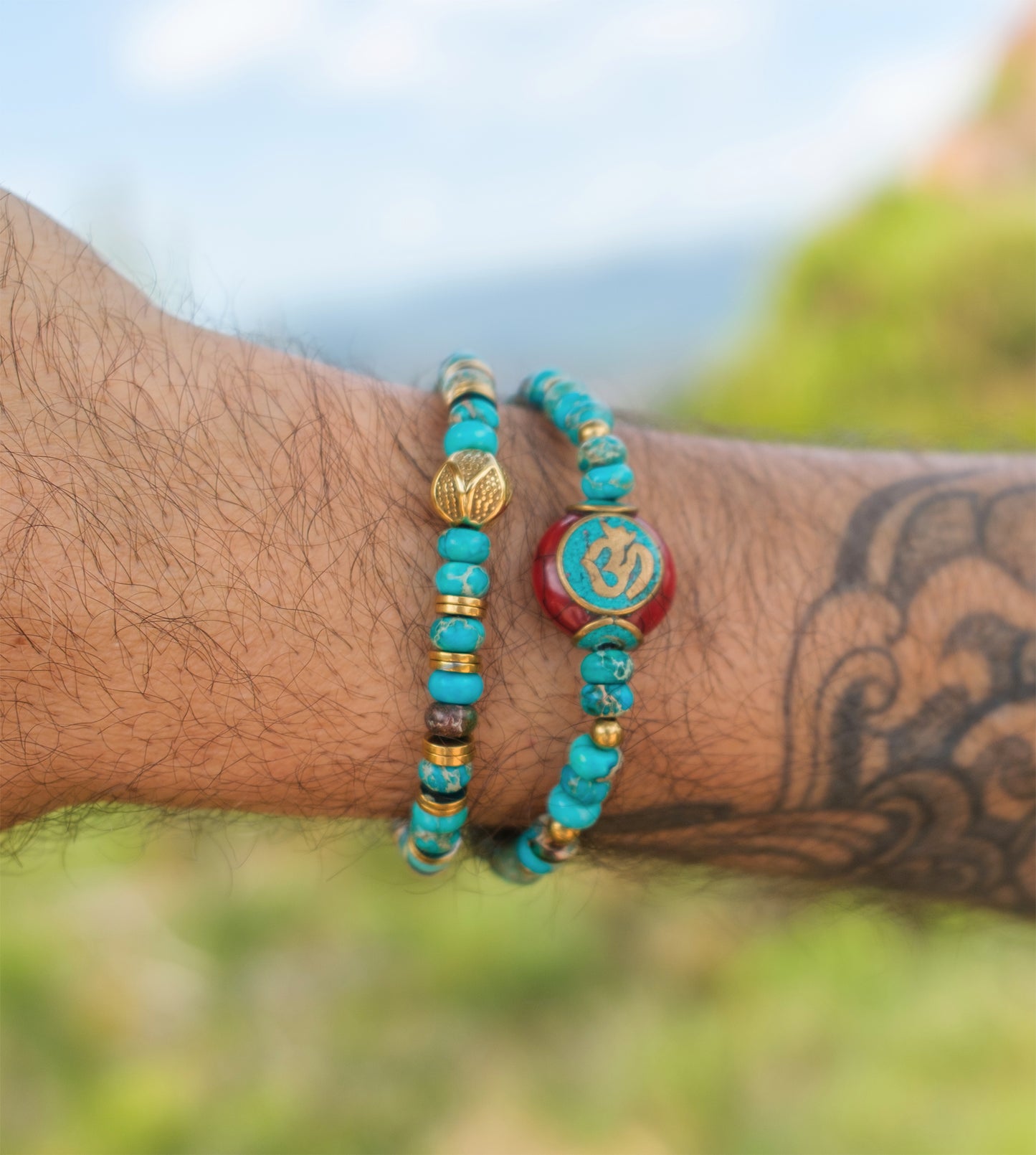 Bracelet homme en Pierres Naturelles – Jaspe Océan & Perle Antique