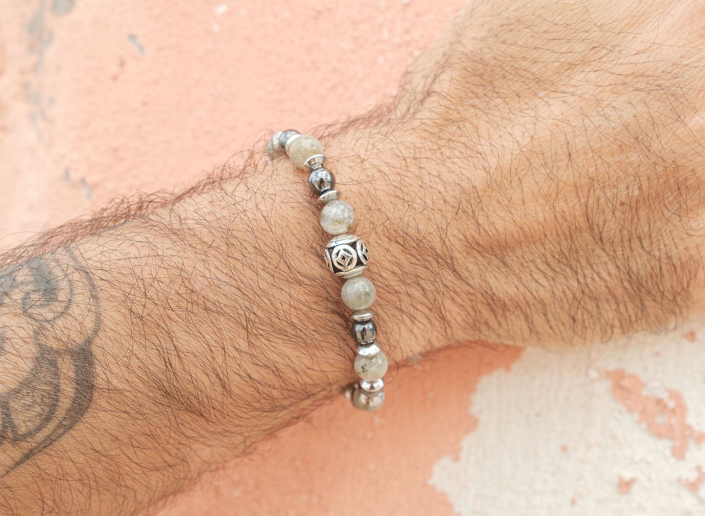bracelet homme labradorite 8mm et hematite 6 mm - caurisandco