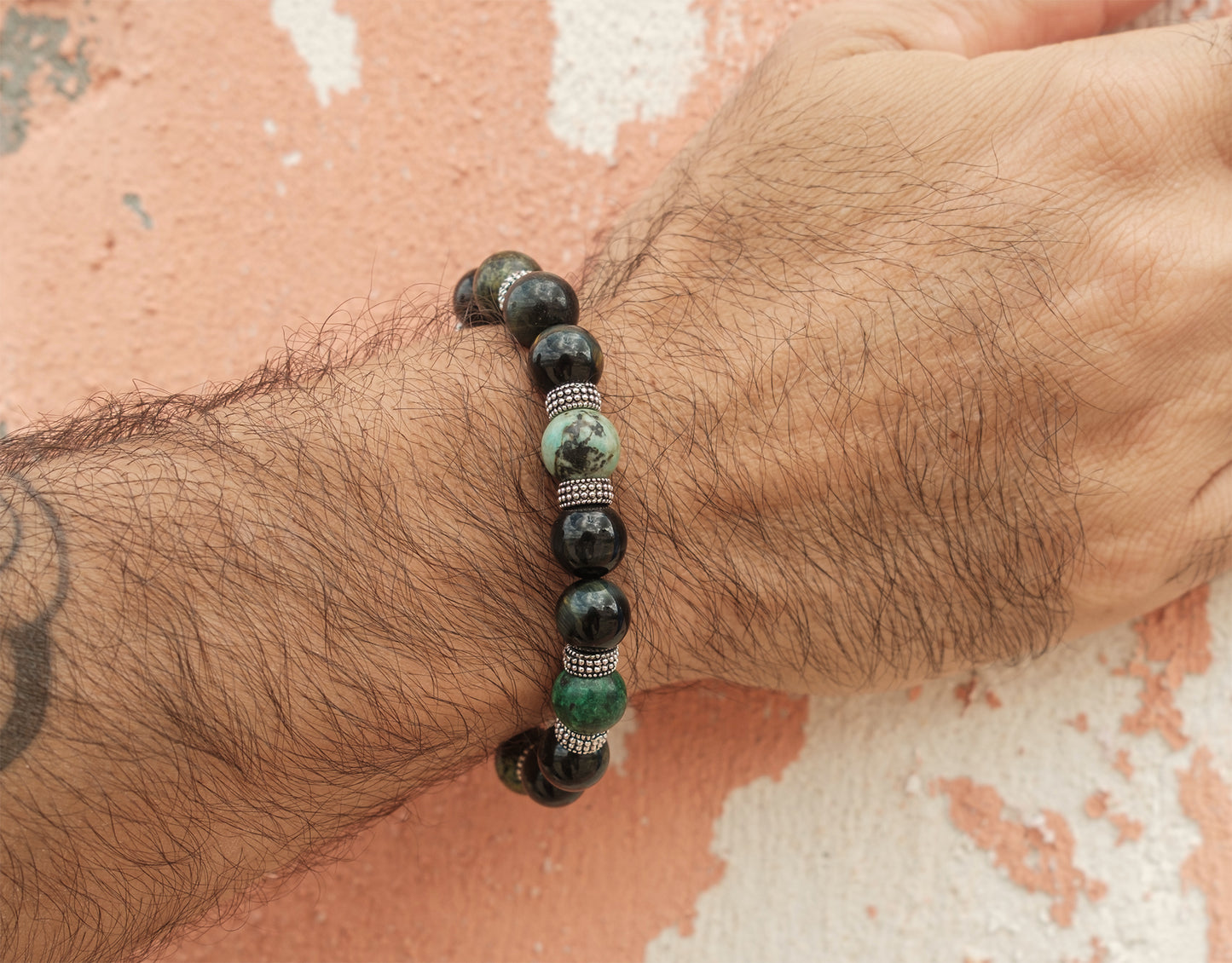 bracelet homme obsidienne turquoise d'afrique 10 mm - caurisandco