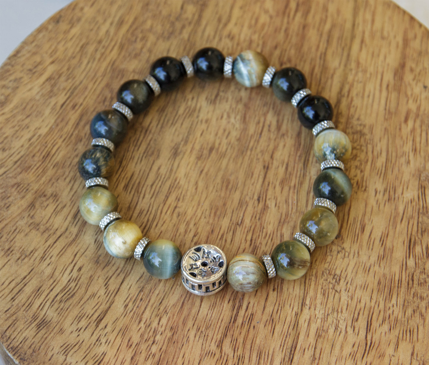 bracelet homme oeil de tigre jaune et obsidienne et perles en acier inox 10 mm avec mantra