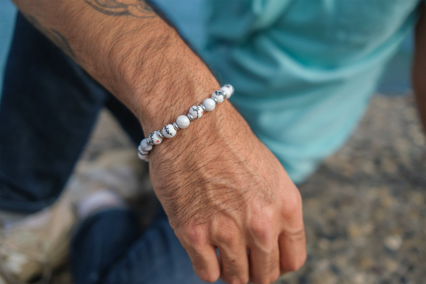 Bracelet agate blanche 8mm et perles japonisante