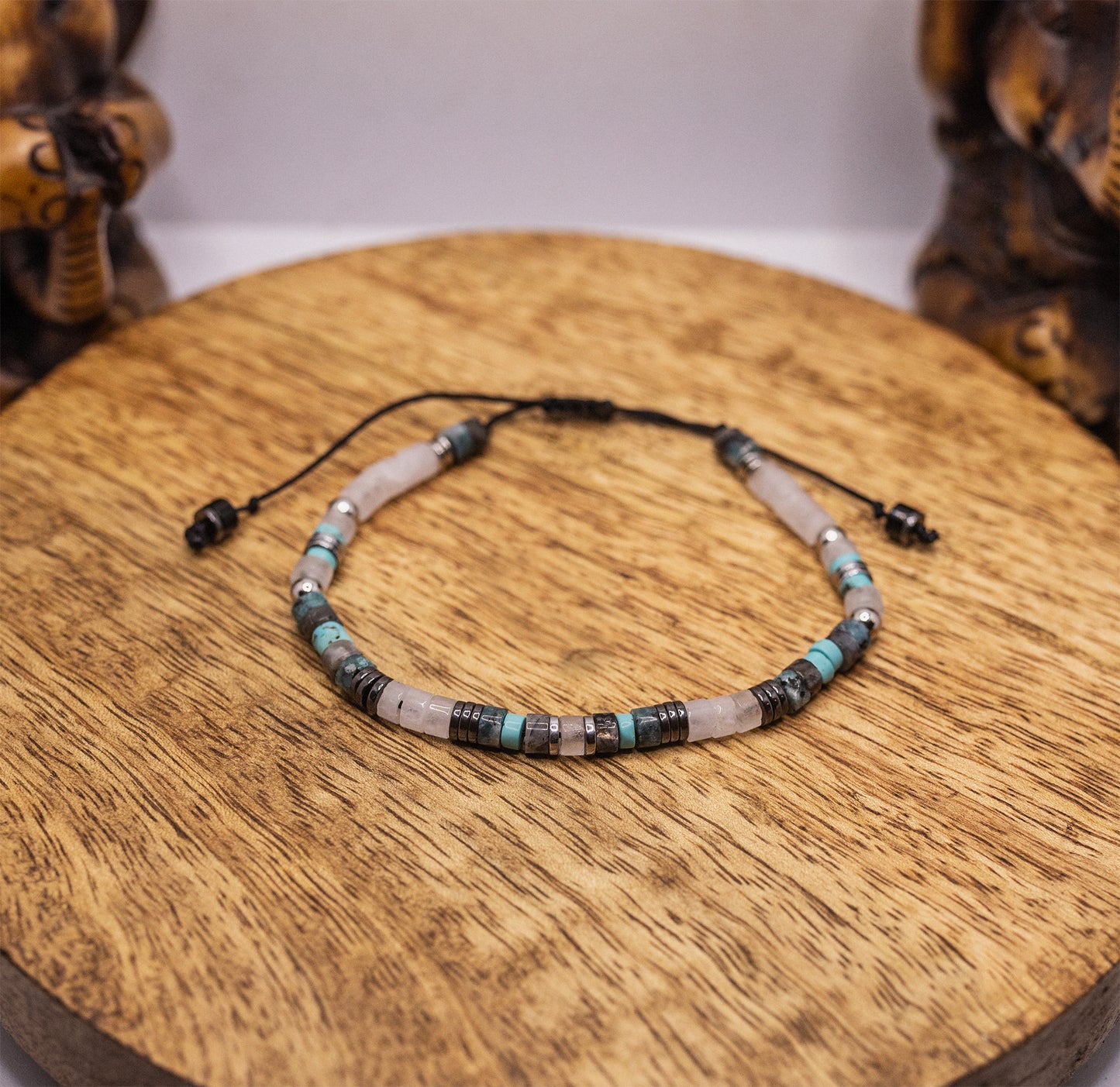 bracelet homme perle heishi en quartz, hématite et turquoise nœud - caurisandco