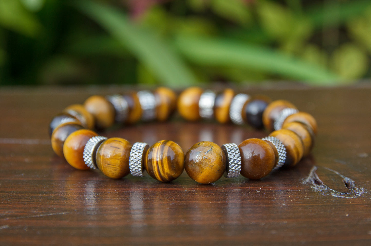 bracelet perles oeil de tigre et acier inoxydable 10mm