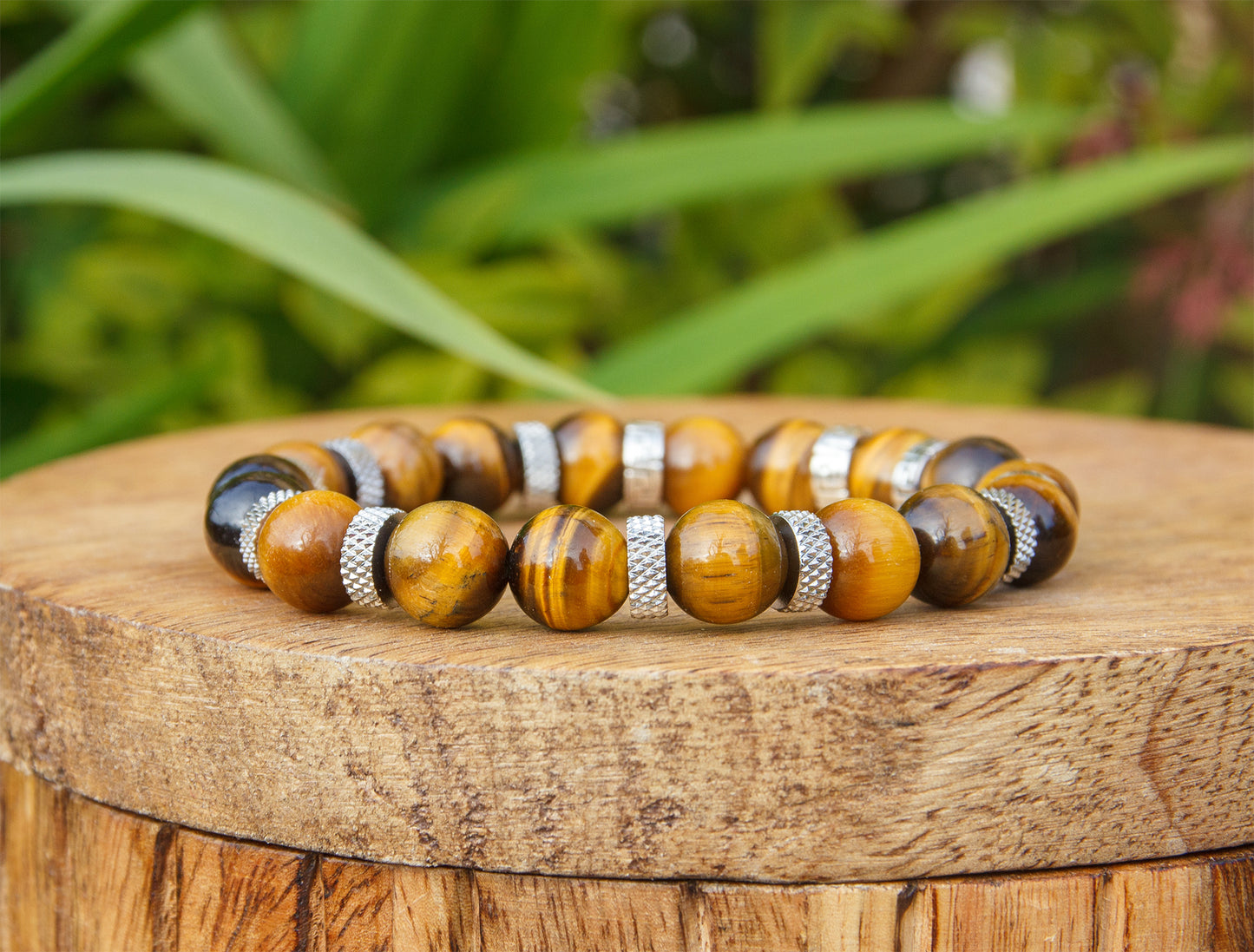 bracelet perles oeil de tigre et acier inoxydable 10mm