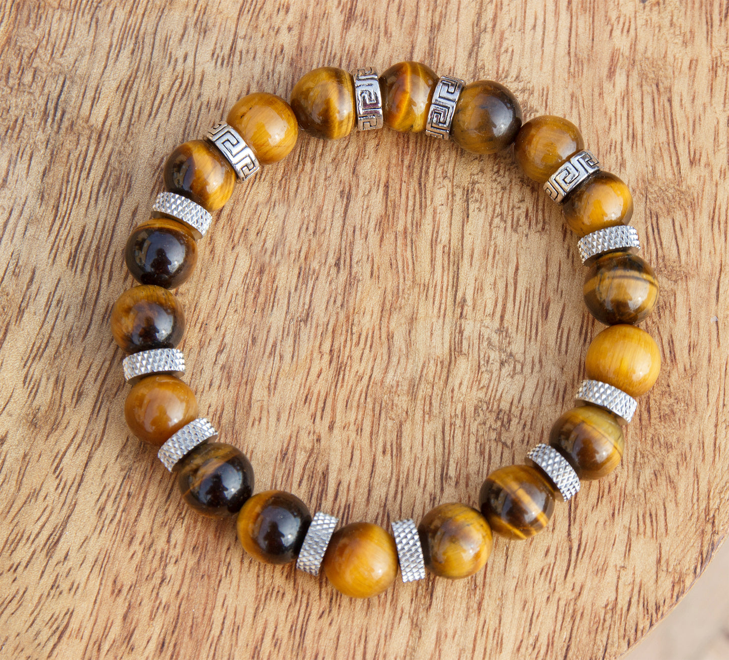 bracelet perles oeil de tigre et acier inoxydable 10mm