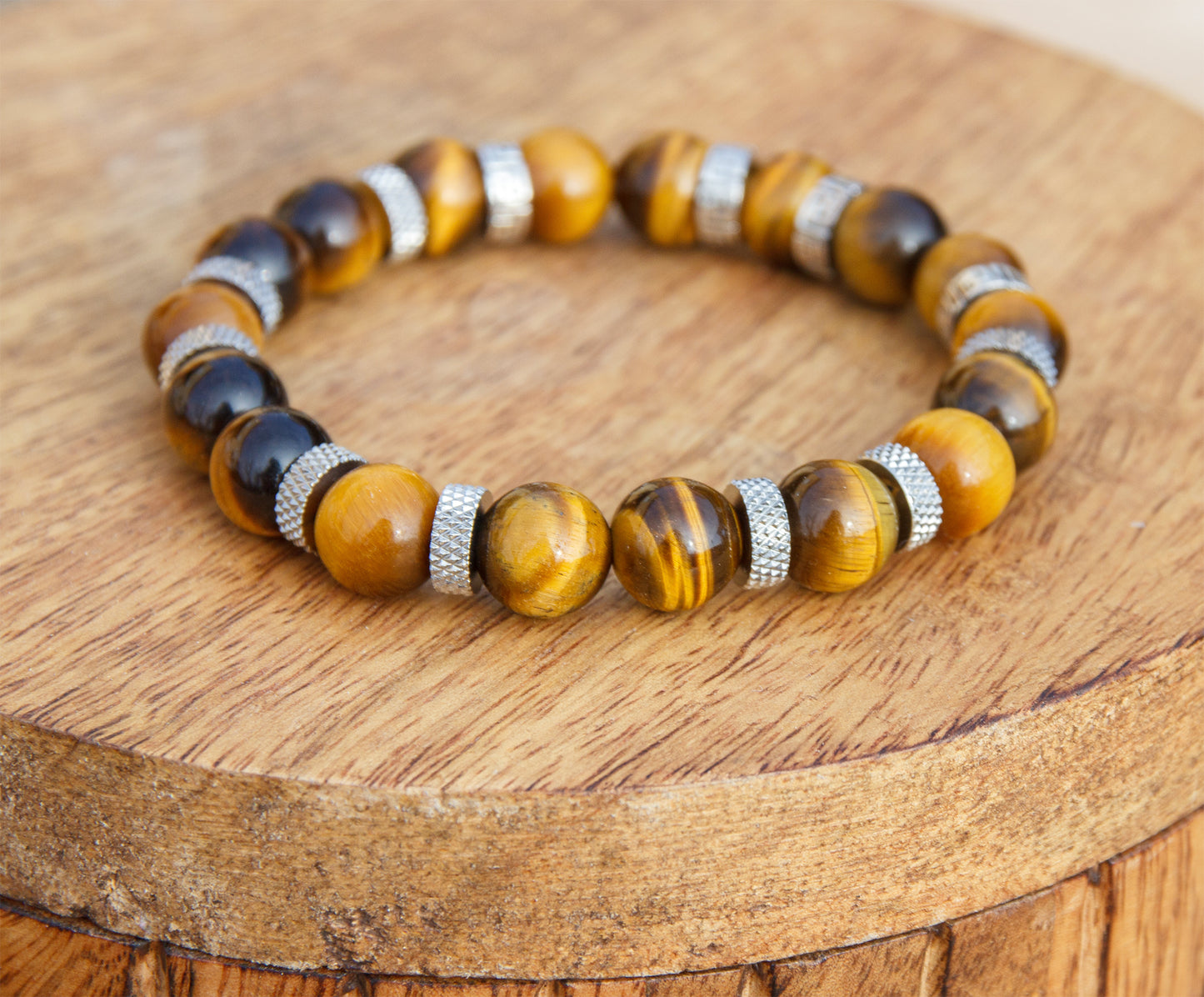 bracelet perles oeil de tigre et acier inoxydable 10mm