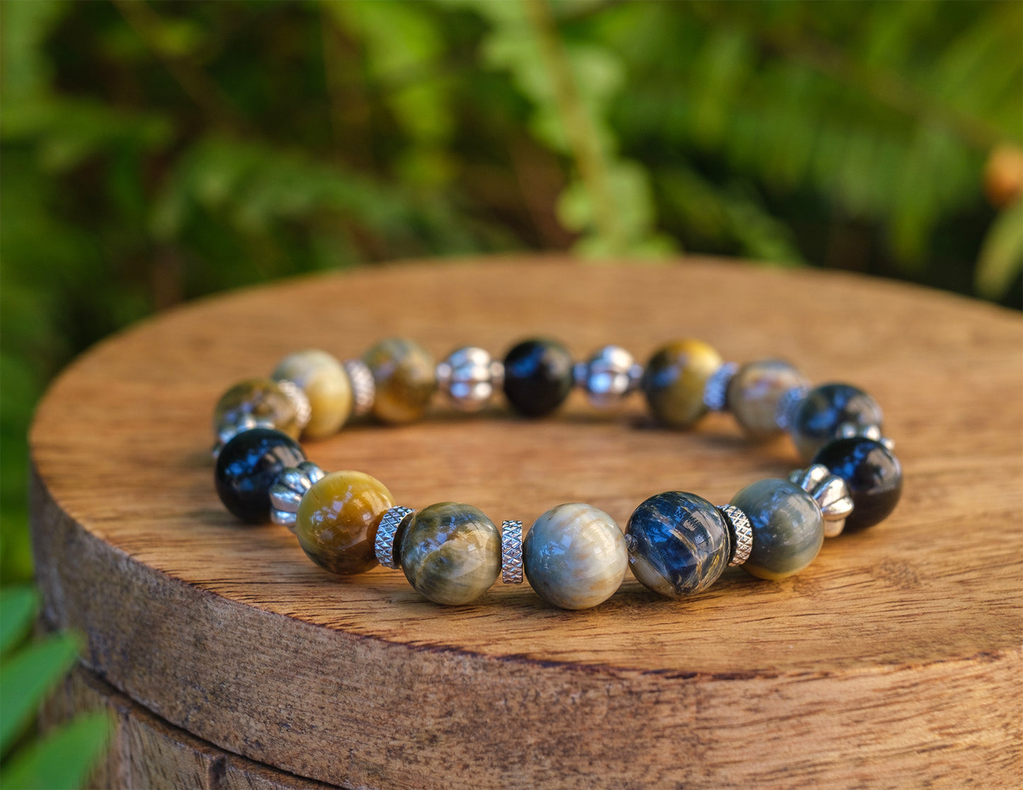 bracelet homme oeil de tigre jaune et obsidienne et perles en acier inox 10 mm