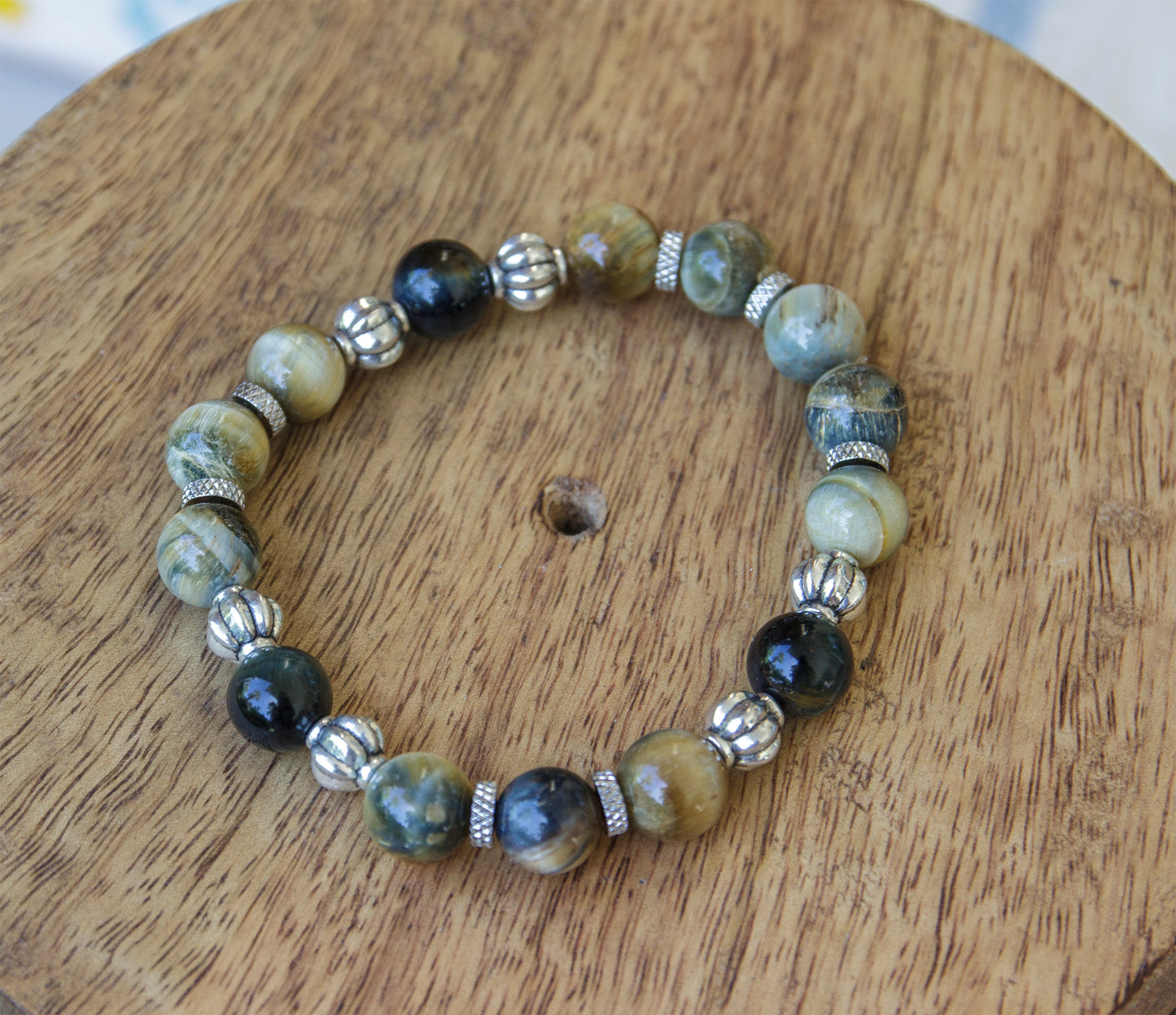 bracelet homme oeil de tigre jaune et obsidienne et perles en acier inox 10 mm