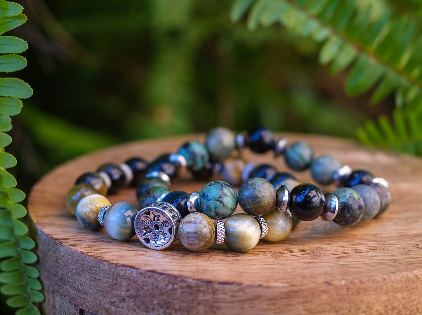 bracelet homme oeil de tigre jaune et obsidienne et perles en acier inox 10 mm avec mantra
