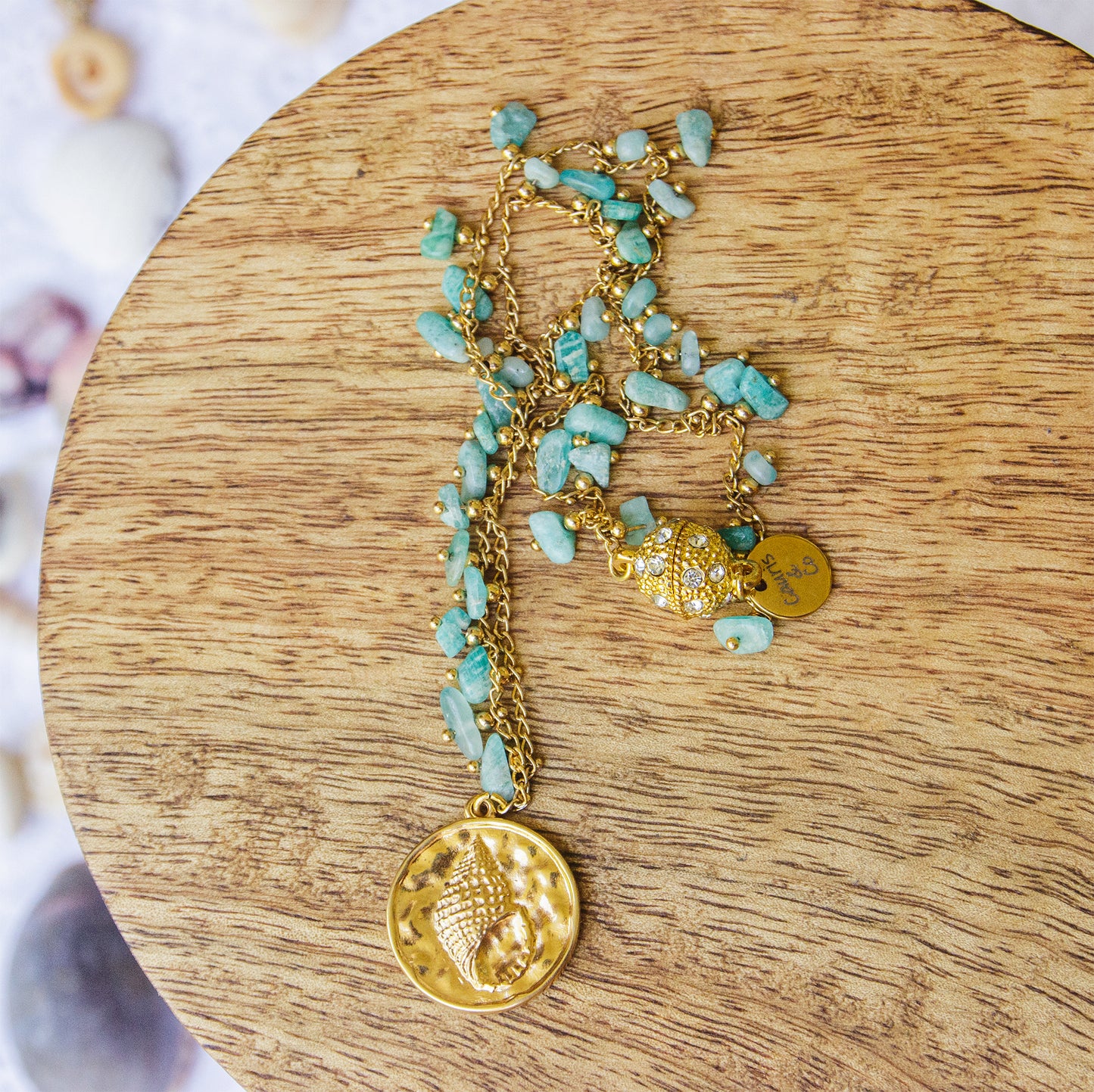 Collier chaine rosaire amazonite et pendentif empreinte coquilage - caurisandco