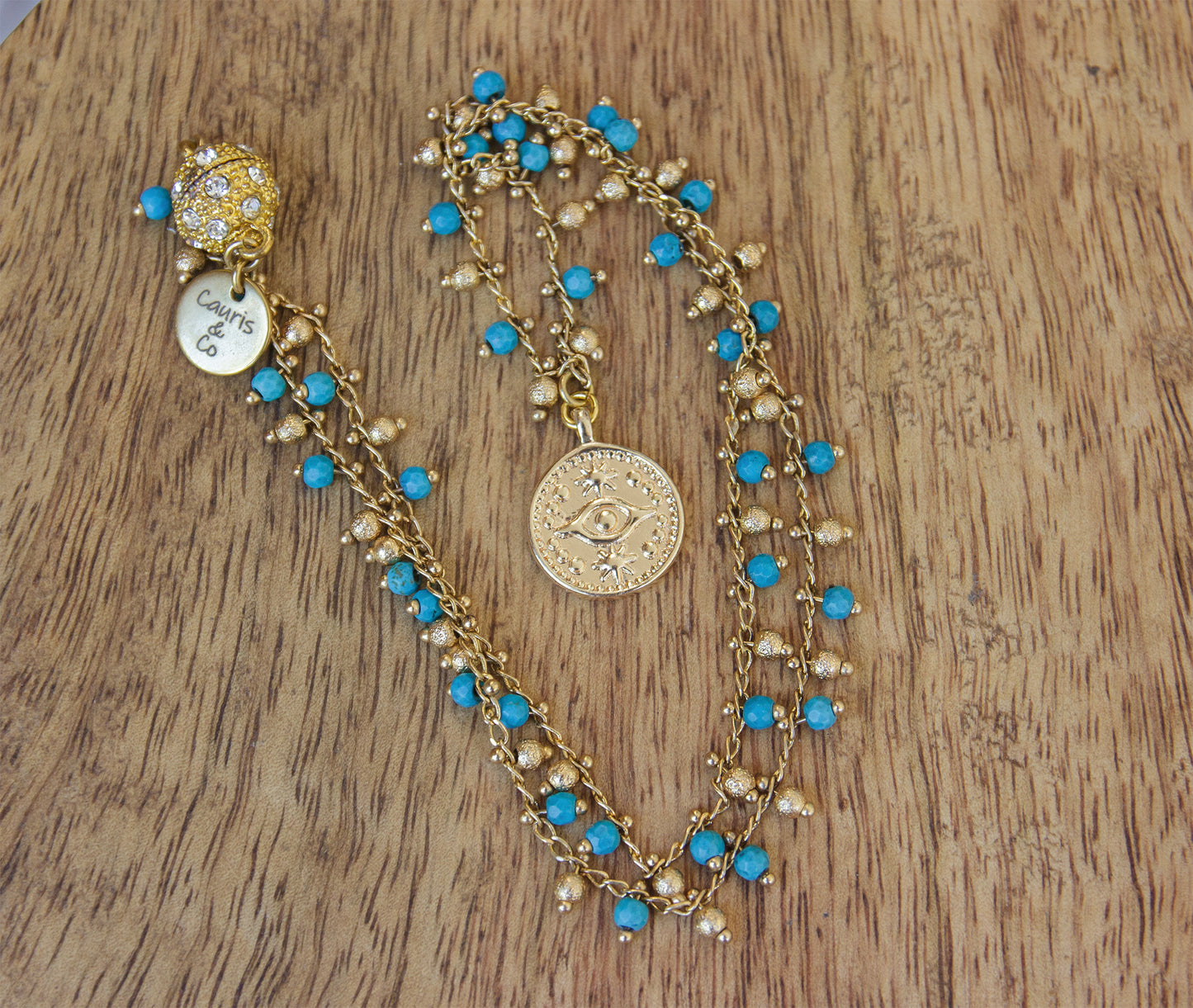 Collier femme chaine rosaire en turquoise et pendentif oeil