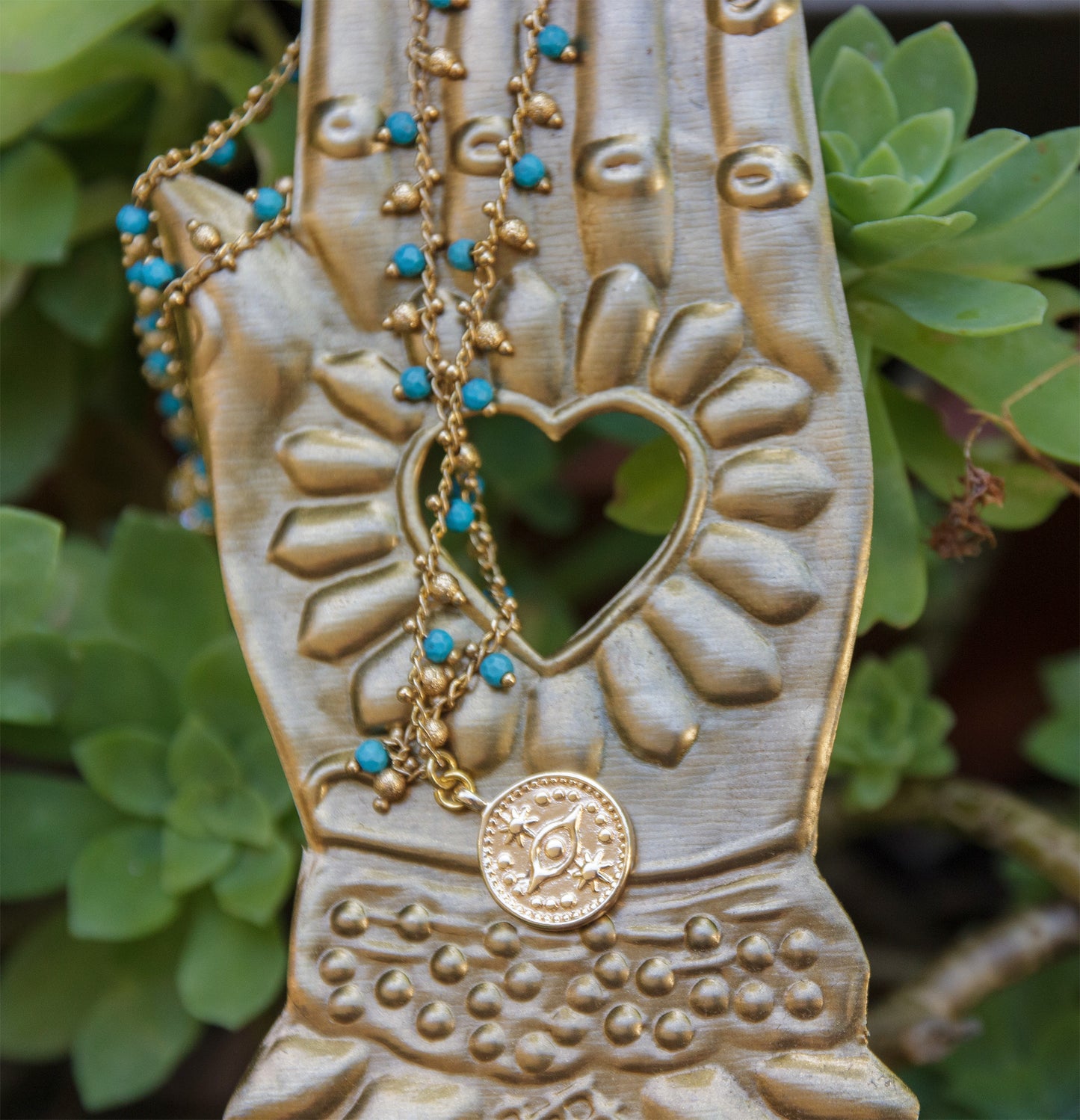 Collier femme chaine rosaire en turquoise et pendentif oeil